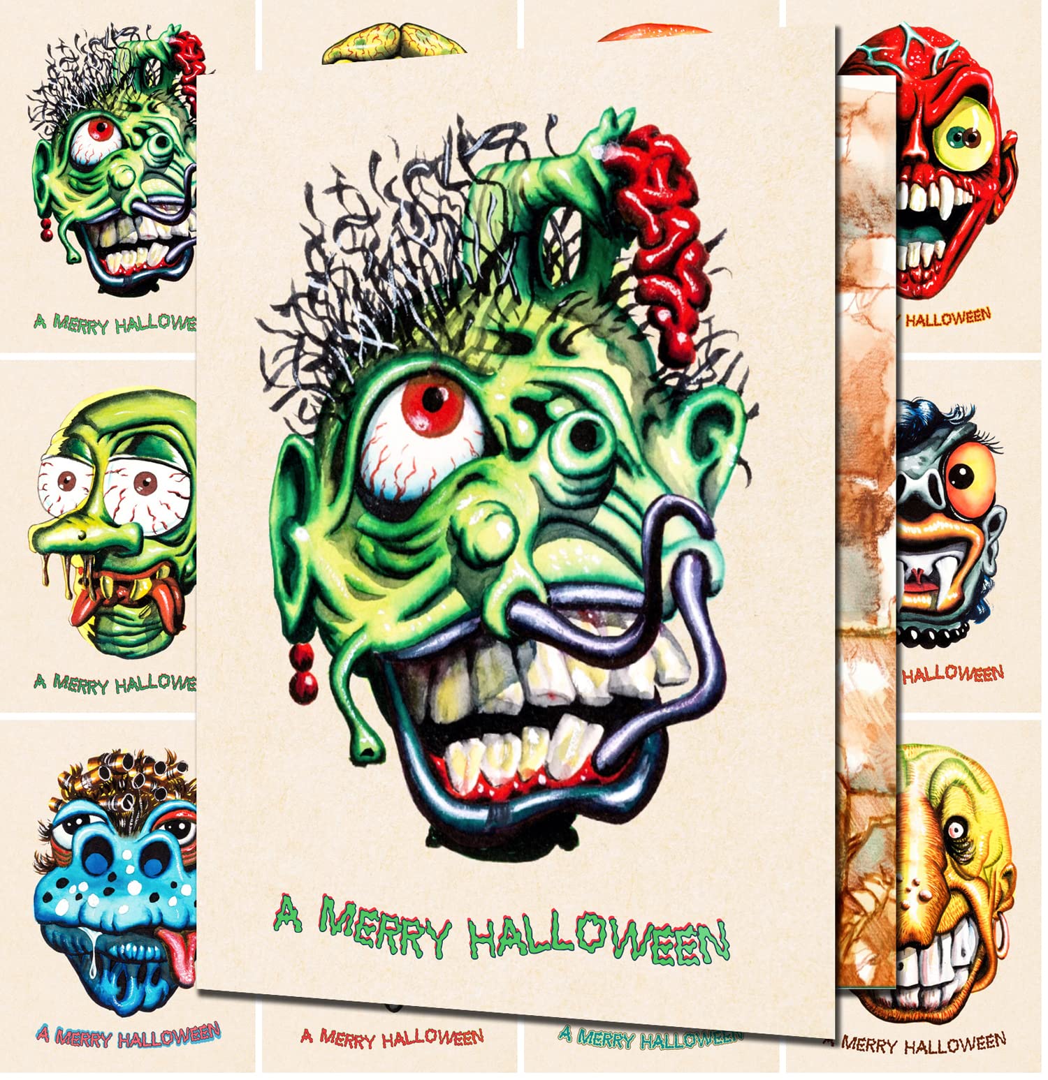 PIXILUV Scary Ugly Monster Faces Halloween Greeting Cards - Set of 12 Large Vintage Comic Postcards for Spooky Party Invitations, Decorations & Gifts (Halloween Collectibles & Horror Theme Party Supplies)
