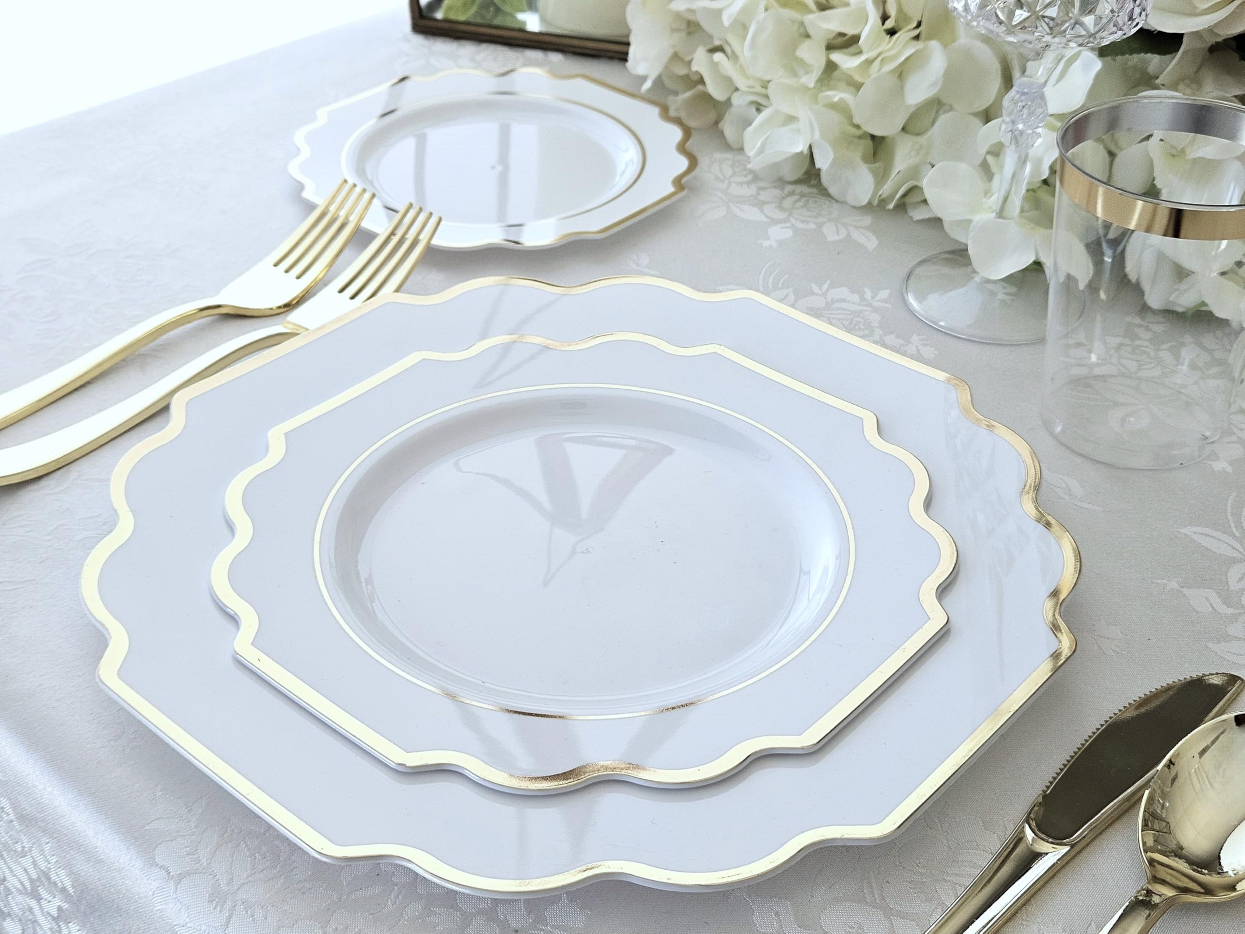120 Pack Heavyweight Disposable Plastic Plates - 8'' Elegant White & Gold Appetizer/Dessert Plates for Weddings, Parties & Special Occasions - Perfect for Catering, Birthday Celebrations & Formal Events