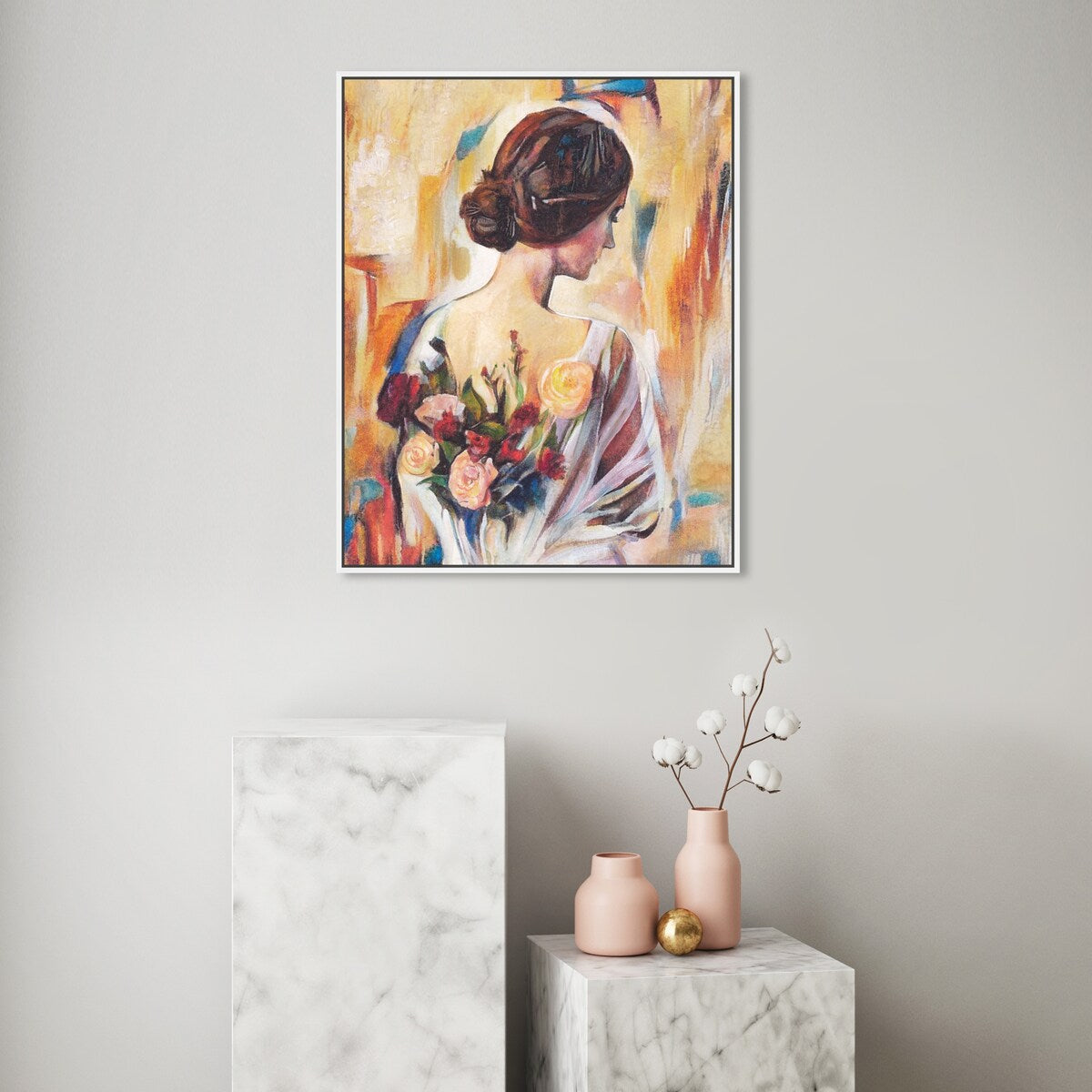Modern White Framed Canvas Wall Art Print - Floral Back and Flowers Design for Women's Bedroom Decor | Perfect for Home, Living Room & Office Decoration
