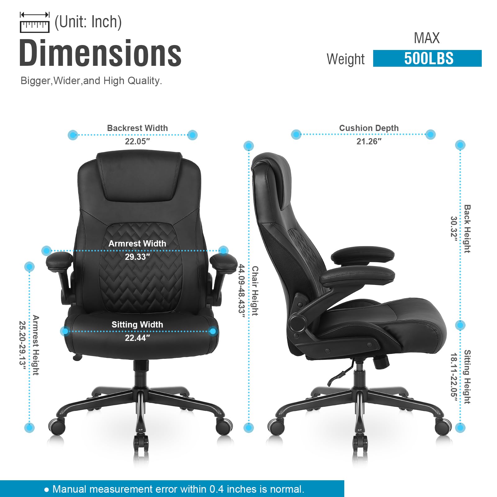 Flysky Executive Ergonomic Office Chair - Heavy Duty Big & Tall Chair with PU Leather, Adjustable Lumbar Support, Flip-Up Armrests & Height Adjustment - Perfect for Home Office, Gaming & Workspace (Black)