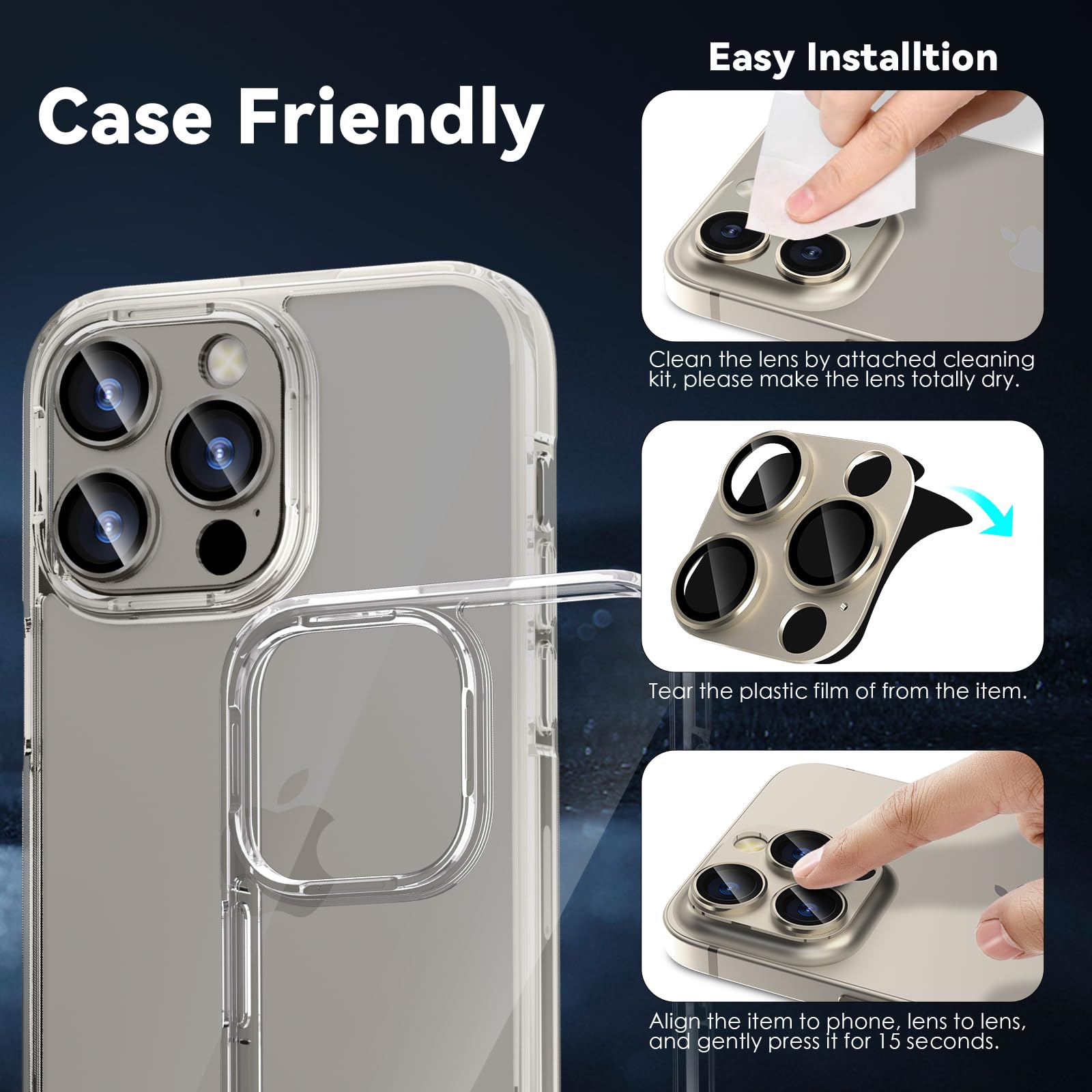 CloudValley 2-Pack iPhone 15 Pro & Pro Max Rear Camera Lens Protector - 9H Hardness Tempered Glass, Full Coverage, Scratch Resistant (Natural Titanium) - Perfect for Outdoor Adventures, Travel & Daily Protection