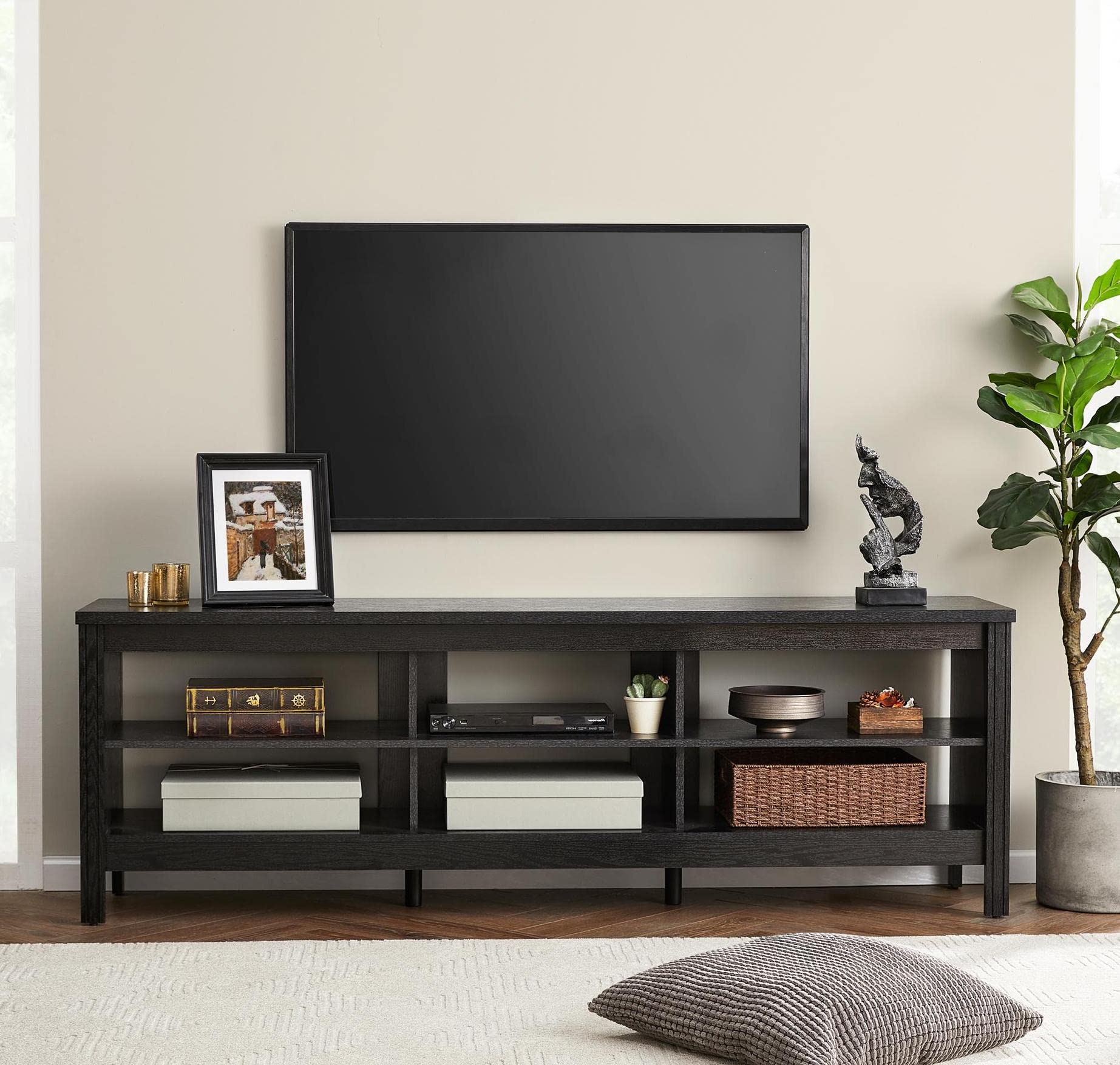 WAMPAT 75 Inch TV Stand with Storage - Modern Wood Media Console for 70-75 Inch TVs, Entertainment Center for Living Room, Bedroom & Office - Black | Perfect for Home Theater Setup & Stylish Storage