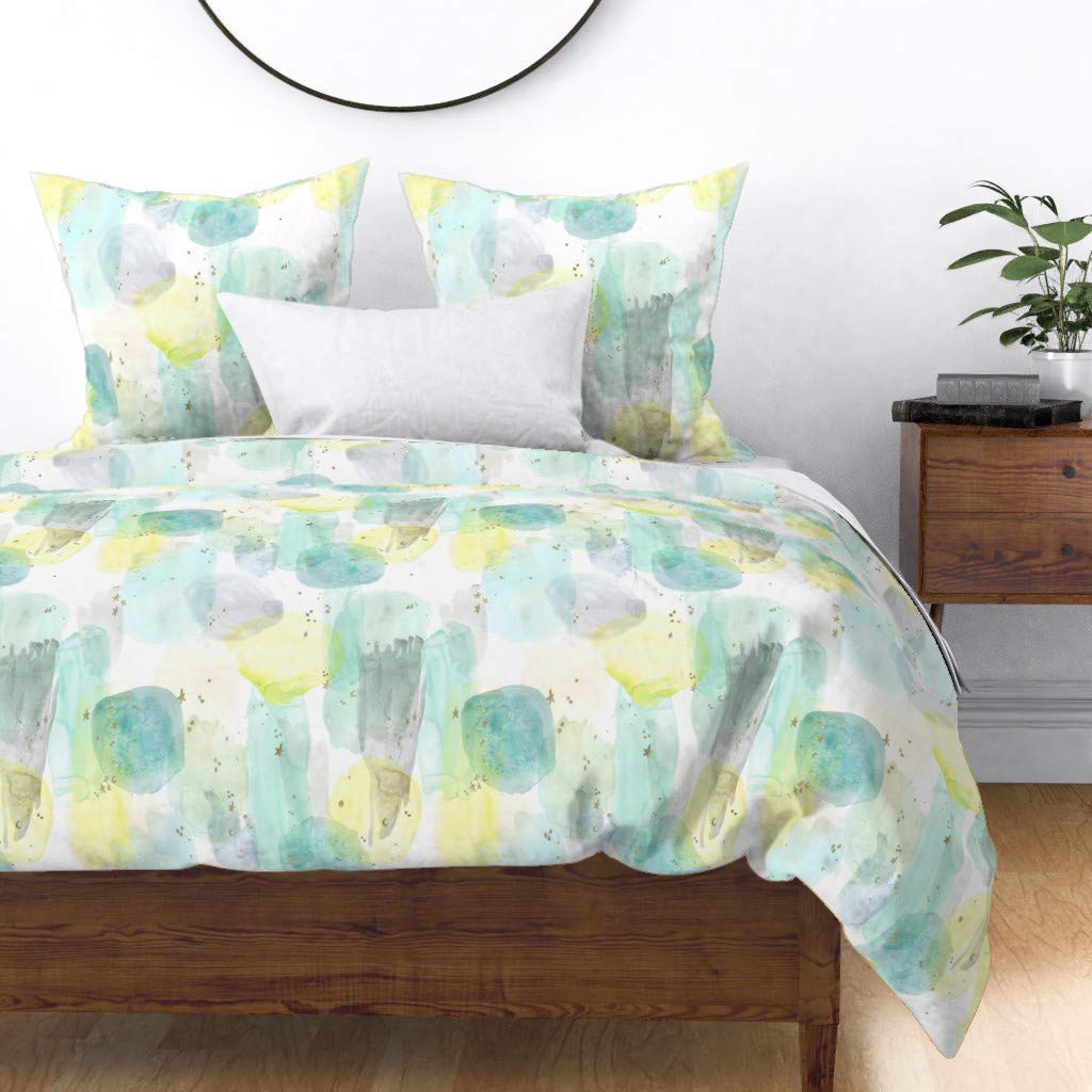 Watercolor Star Abstract Sky Cotton Sateen Duvet Cover Twin - Gender Neutral Boho Nursery Bedding for Boys & Girls | Soft Teal Mint Yellow Star Print Custom Duvet Cover for Kids Room Decor & Cozy Bedroom Styling