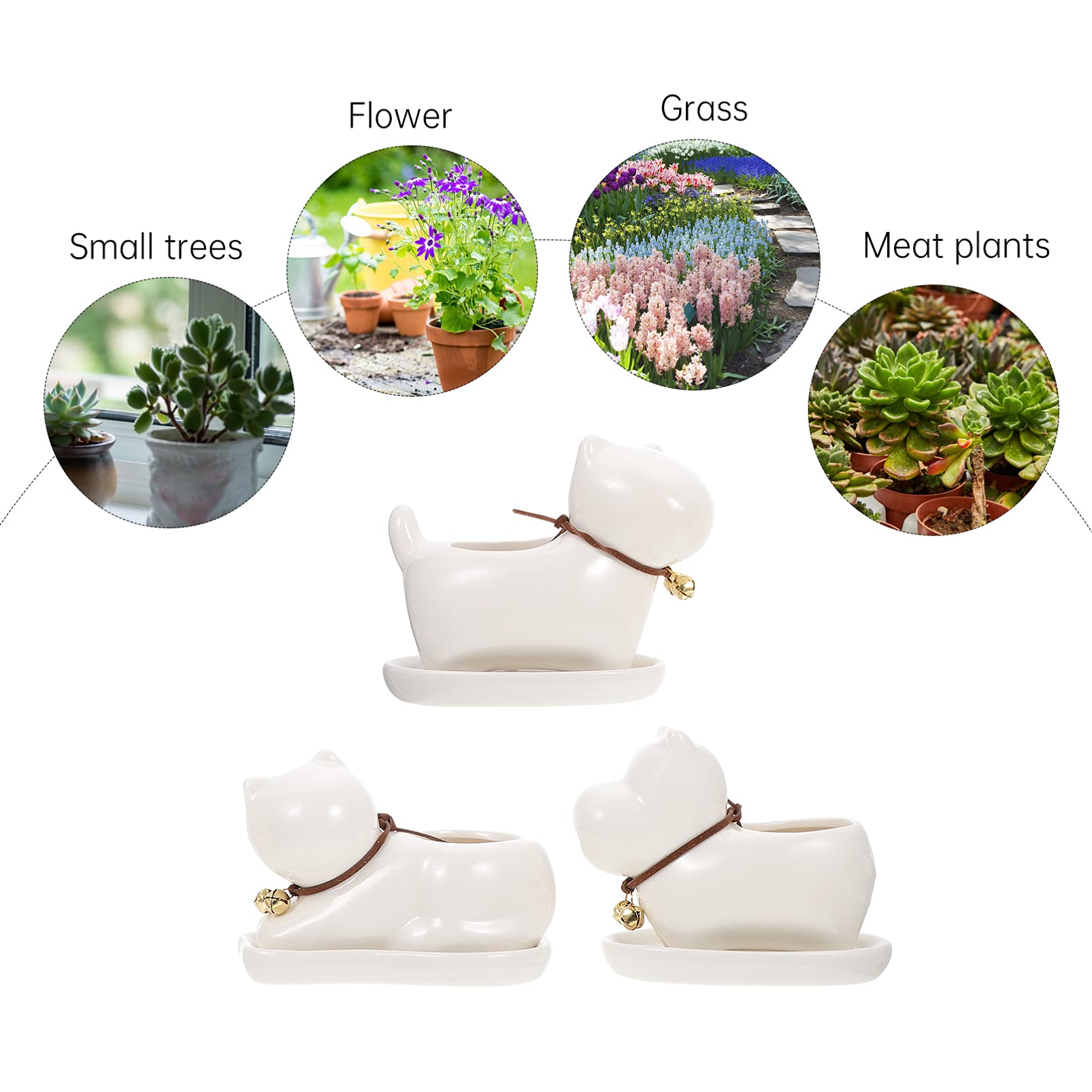 FOMIYES 3-Pack Ceramic Flower Pots with Drainage Trays - Modern White Mini Planters for Succulents, Herbs & Small Plants - Indoor/Outdoor Home Decor, Office Desk, Garden & Balcony Decorating