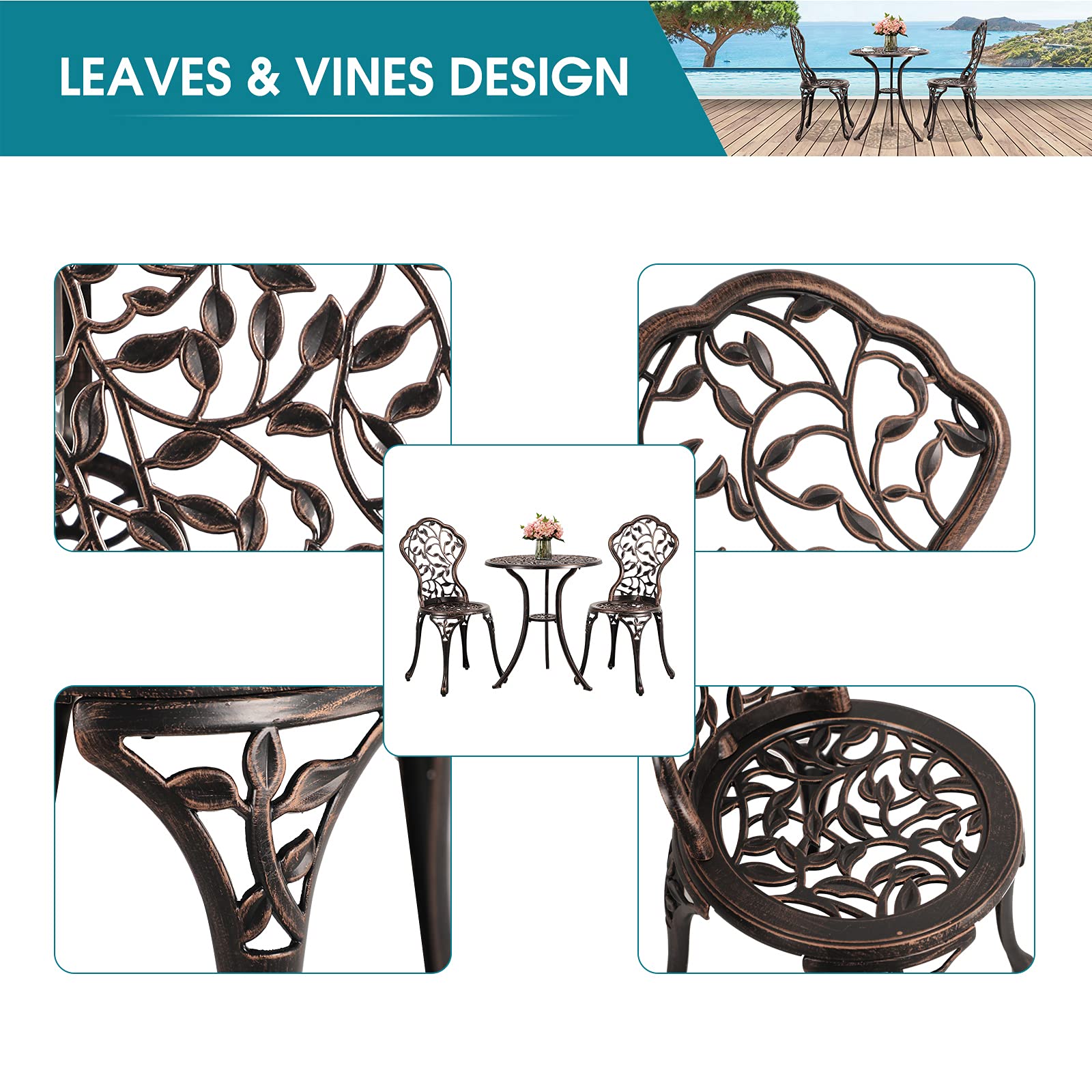 COBANA 3-Piece Outdoor Bistro Set - Retro Cast Aluminum Patio Dining Table & Chairs for Balcony, Garden, Deck, Porch, Poolside - Bronze Finish | Perfect for Small Space Entertaining, Morning Coffee, and Relaxing Outdoors