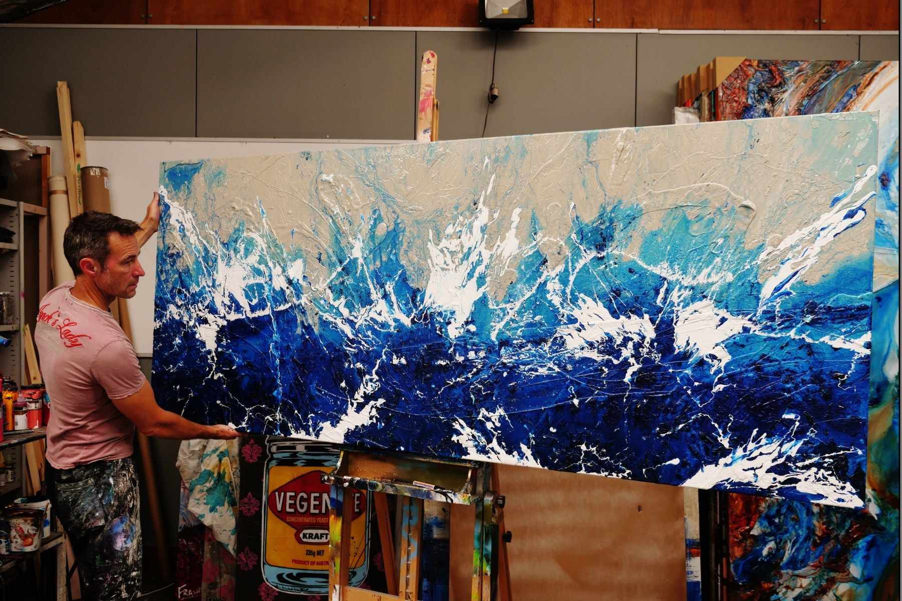 Oceanic Blue 240cm x 100cm Textured Abstract Wall Art Painting - Modern Cream & Blue Canvas for Living Room, Bedroom, Office Decor