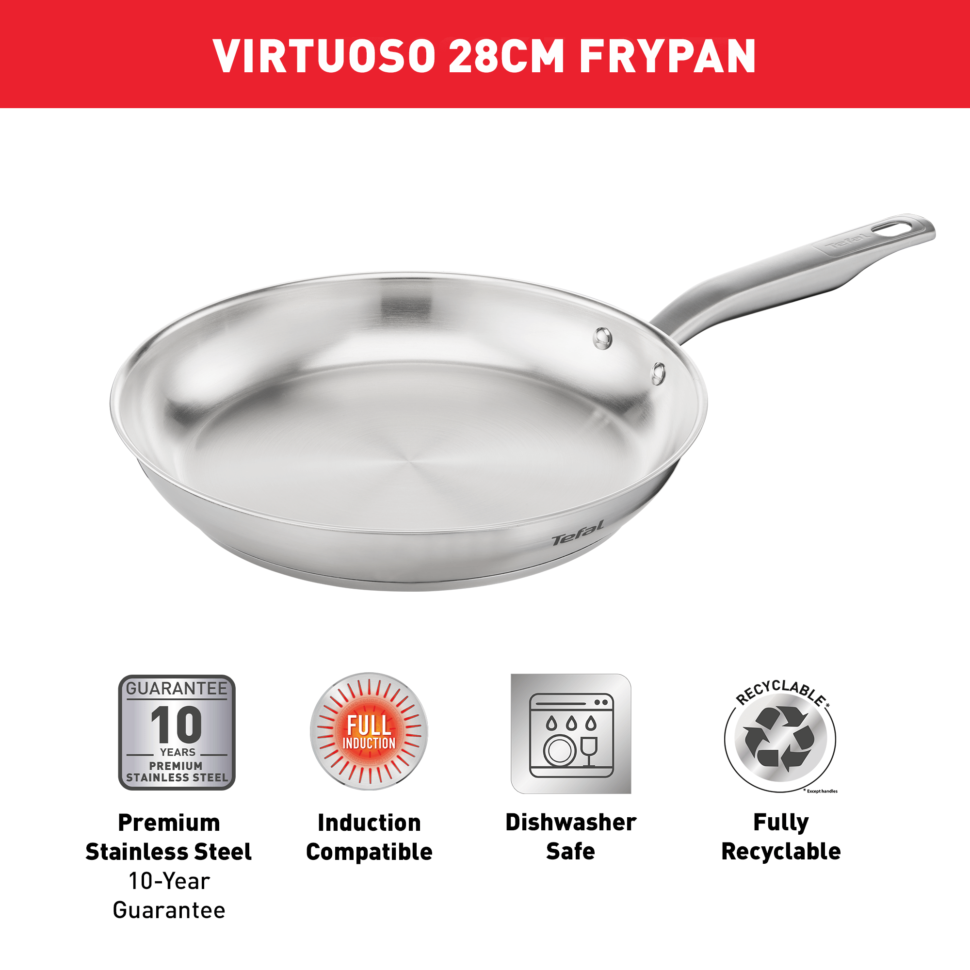 Tefal Virtuoso Induction Stainless Steel Uncoated Frypan 28cm - Professional Cookware for Gas & Induction Stoves - Perfect for Searing, Frying & Sauteing at Home or Restaurant