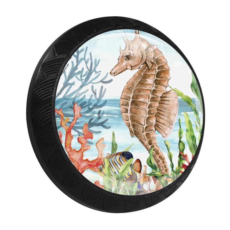 LORVIES 4-Pack Ocean Cabinet Knobs - ABS Glass Black Round Pulls for Dresser, Closet & Kitchen (Sea Horse) - Coastal Home Decor