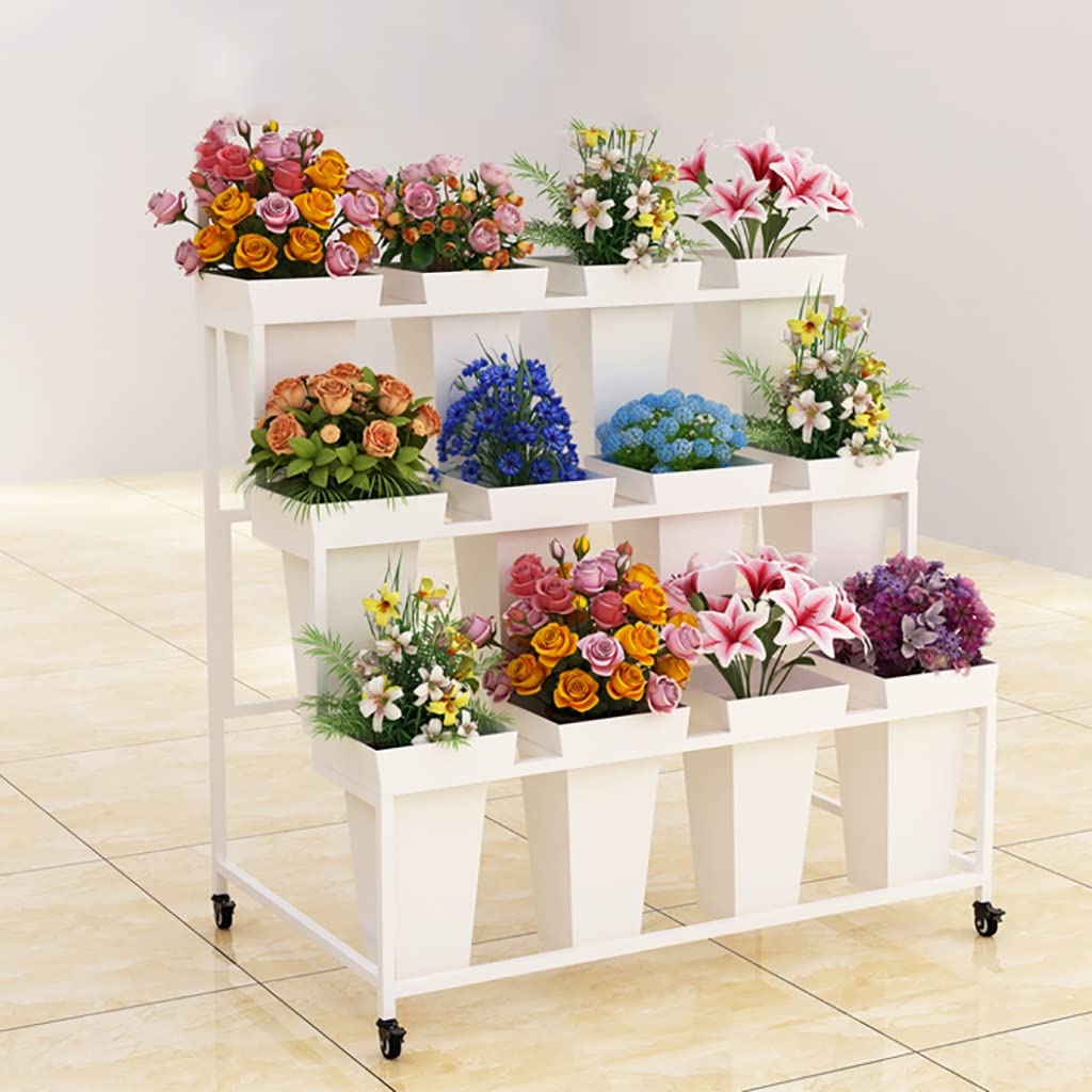 Heavy Duty 3-Tier Flower Display Stand with 12 Buckets & Wheels, 33 Inch Tall Rolling Plant Cart for Florist, Garden, Patio - Perfect for Flower Arrangements, Nursery Storage & Outdoor Decor (White)