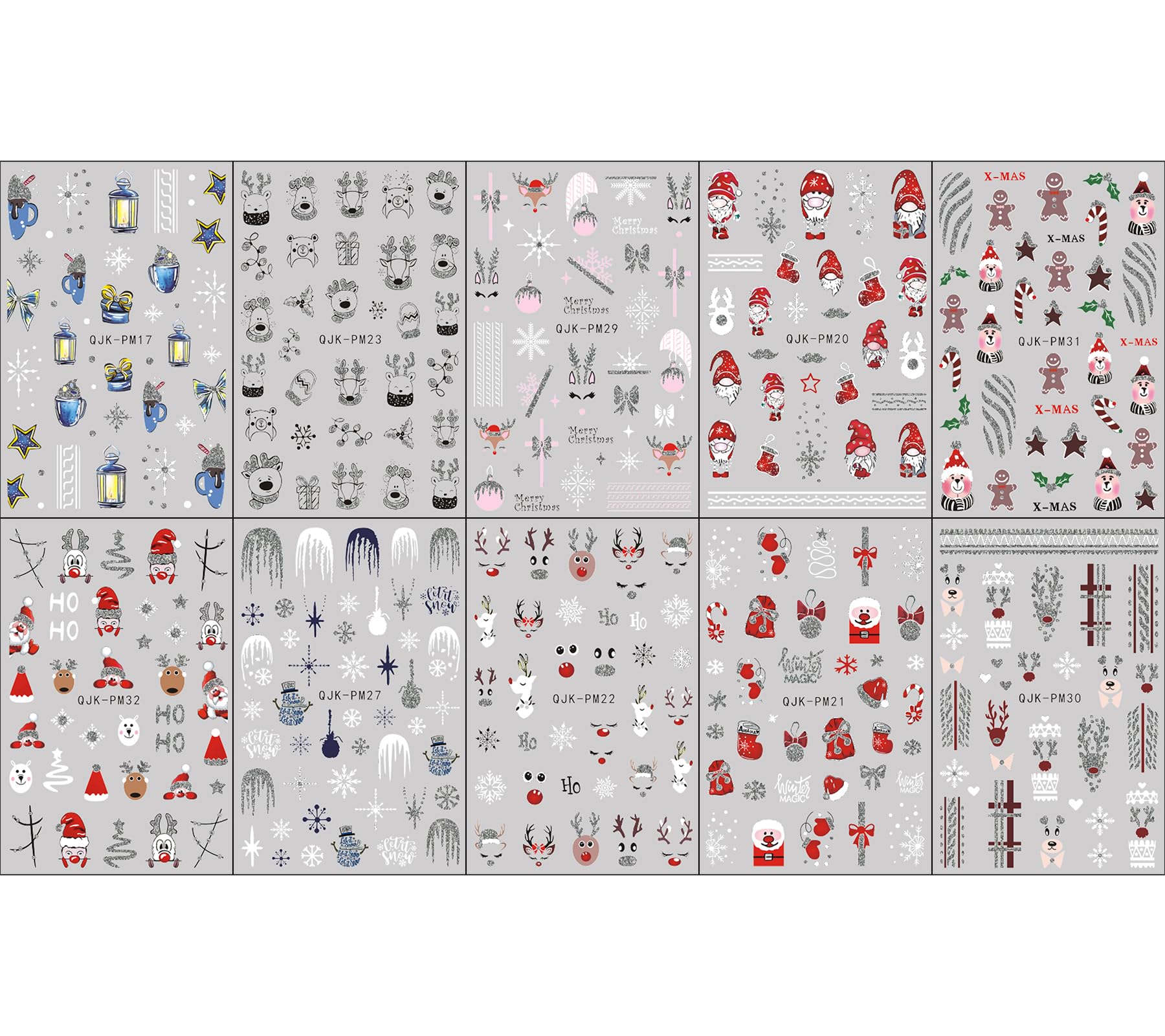 JMEOWIO 10 Sheets Glitter Christmas Nail Art Stickers - Self-Adhesive Snowflake Decals for Holiday Nail Designs | Perfect for Xmas Parties, Winter Manicures & DIY Nail Art Decoration