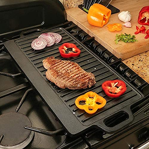 Premium Non-Stick Cast Iron Grill Pan - Double Sided Ridged & Flat Surface Griddle for BBQ, Steak, Pancakes - Perfect for Indoor/Outdoor Cooking, Camping & Backyard Parties