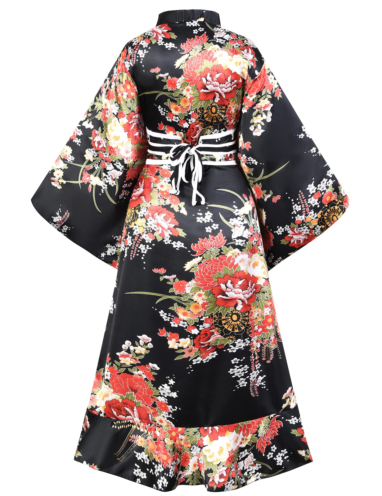 Japanese Women's Kimono Robe - Elegant Geisha Yukata with Sweet Tuxedo Ruffle & Blossom Print | Satin Bathrobe Sleepwear Set with Tabi Socks | Perfect for Spa Days, Cosplay, and Relaxing at Home
