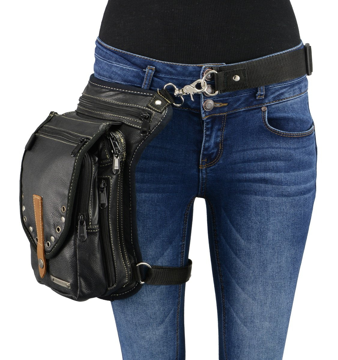 CC Thigh Bag with Adjustable Waist Belt - Black & Brown Crossbody Fanny Pack (9.5