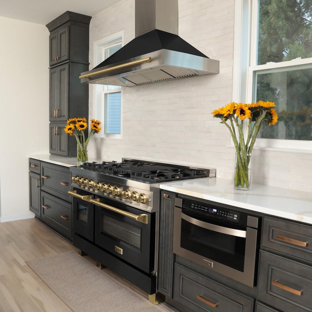 ZLINE KB4STZ BLM G Autograph Edition Convertible Stainless Steel Range Hood - Black Matte Shell with Polished Gold Handle | Professional Kitchen Ventilation for Modern Homes
