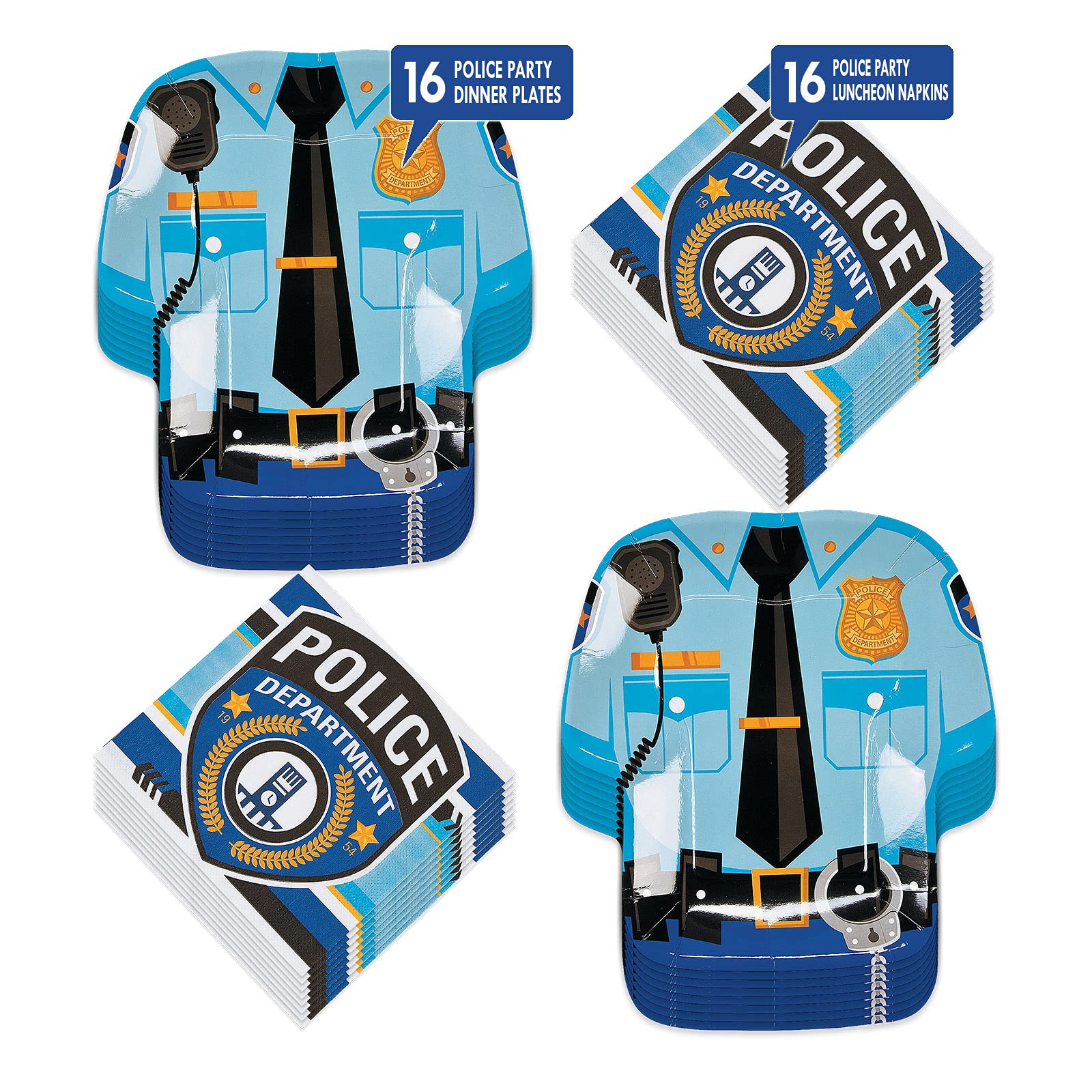 Police Officer Party Supplies - 16-Pack Police Uniform Shaped Plates & Napkins for Birthday, Themed Events & Law Enforcement Celebrations