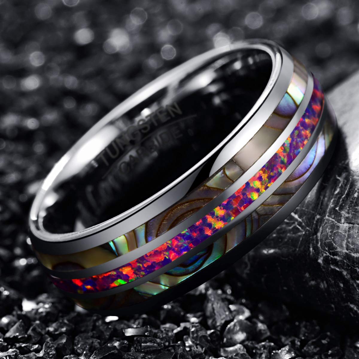 Men's Tungsten Wedding Band Ring - 8mm Comfort Fit with Genuine Blue/Green Opal & Abalone Shell Inlay - Size 7-12 - Durable & Scratch-Resistant for Everyday Wear, Anniversary Gifts & Special Occasions