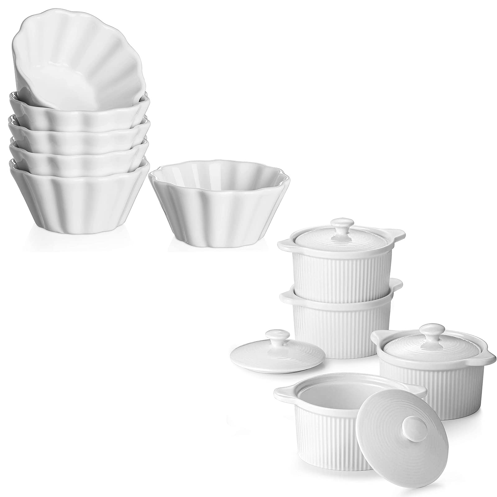 DOWAN 7oz Porcelain Ramekins with Lids - Oven Safe for Baking, Souffle & Soup - Set of 4 White