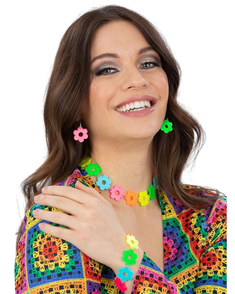 60s Neon Flower Power Necklace Bracelet & Earrings Set - Vintage Hippie Jewelry for Women, Festival Accessories, Boho Chic Outfit Enhancer - Perfect for Music Festivals, Parties & Retro Fashion