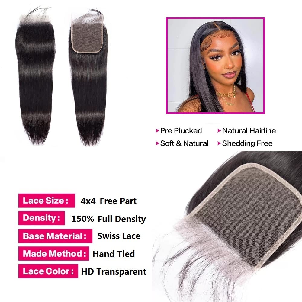 10A Brazilian Straight Human Hair 3 Bundles with Closure 20 22 24+18 Inch | 100% Unprocessed Virgin Hair Weave | HD Lace Closure | Perfect for Sew-in, Wig Making & Everyday Styling