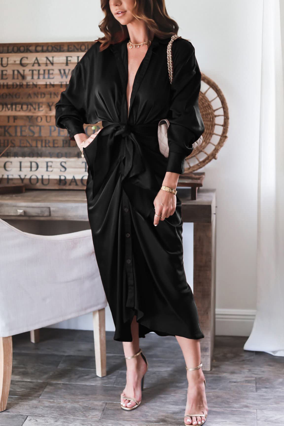 BTFBM Women's Elegant Long Sleeve Satin Maxi Dress - V Neck Lapel Button Down Ruched Belted Shirt Dress for Spring Summer 2025 | Perfect for Weddings, Parties & Office Wear