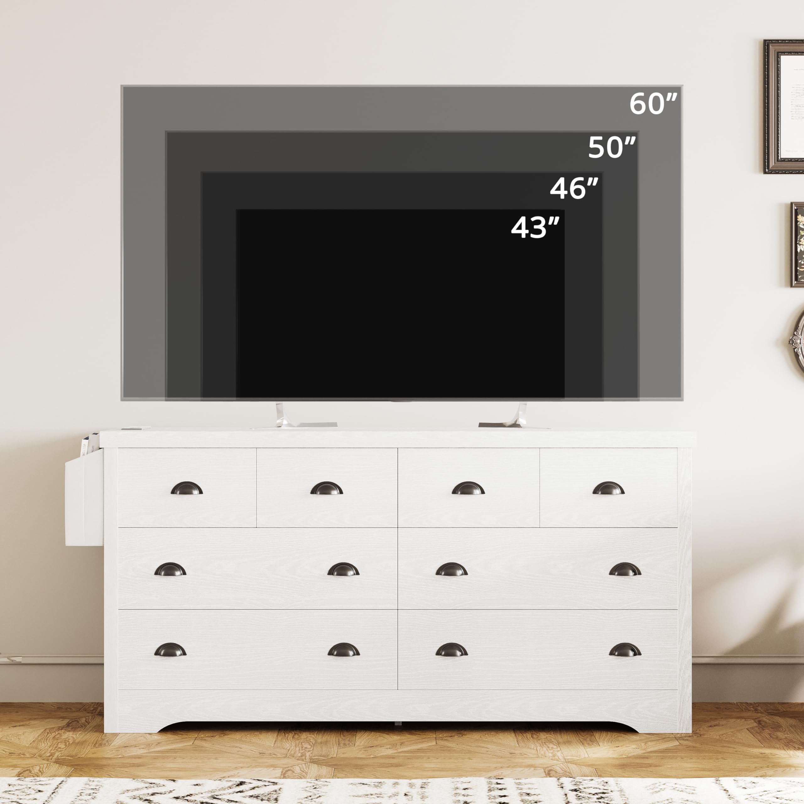 LIKIMIO 8-Drawer Modern Wood Dresser with USB Charging Station & Storage Bag - White Bedroom Chest for Clothes, Entryway Storage & Living Room Organization