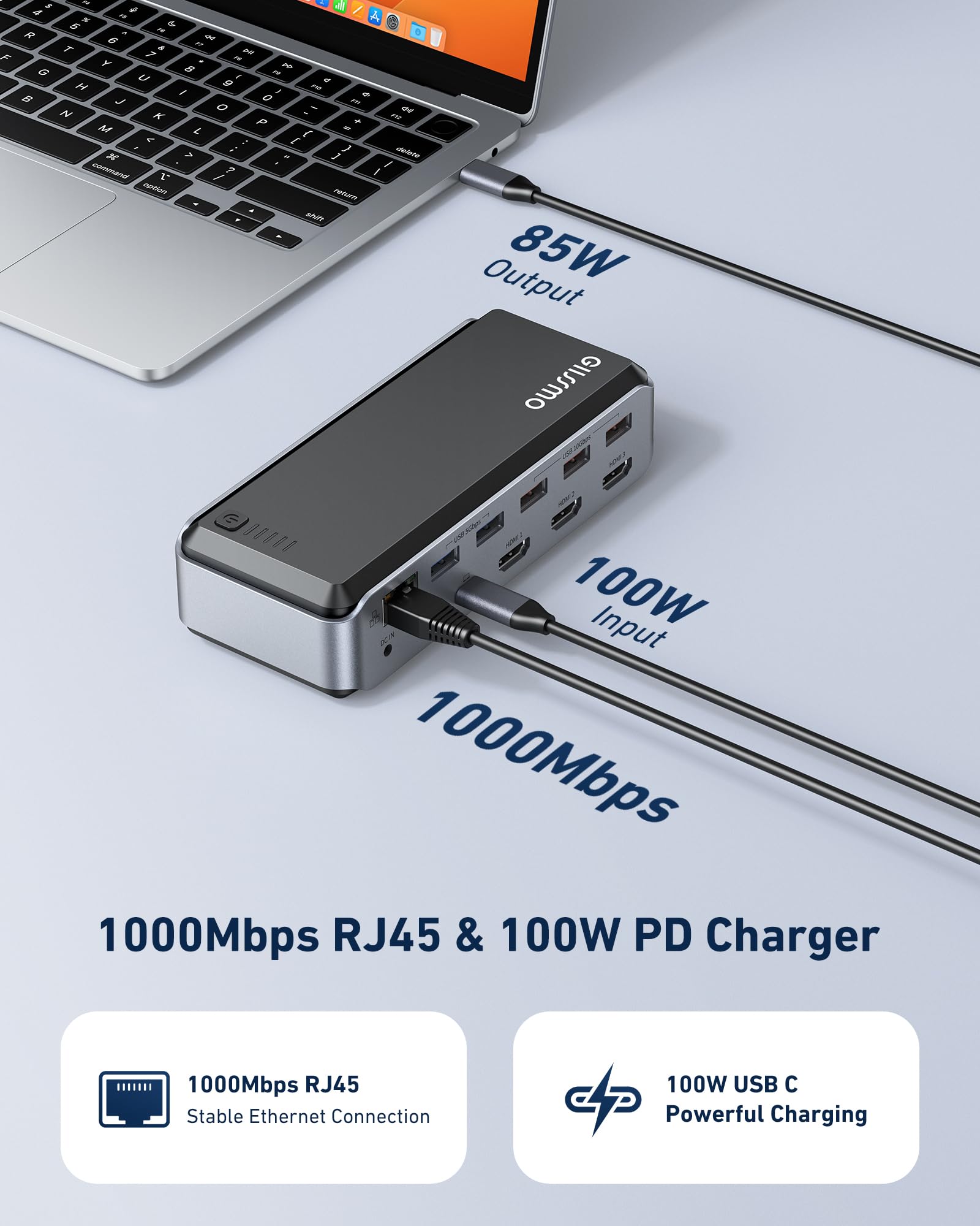 GIISSMO 15-in-1 USB C Docking Station for MacBook Pro M1/M2 - Triple Monitor Support with 3x HDMI, 4x USB 10Gbps, RJ45, PD Charging - Compatible with Mac & Windows Laptops - Perfect for Home Office, Gaming & Multi-Tasking Workspaces