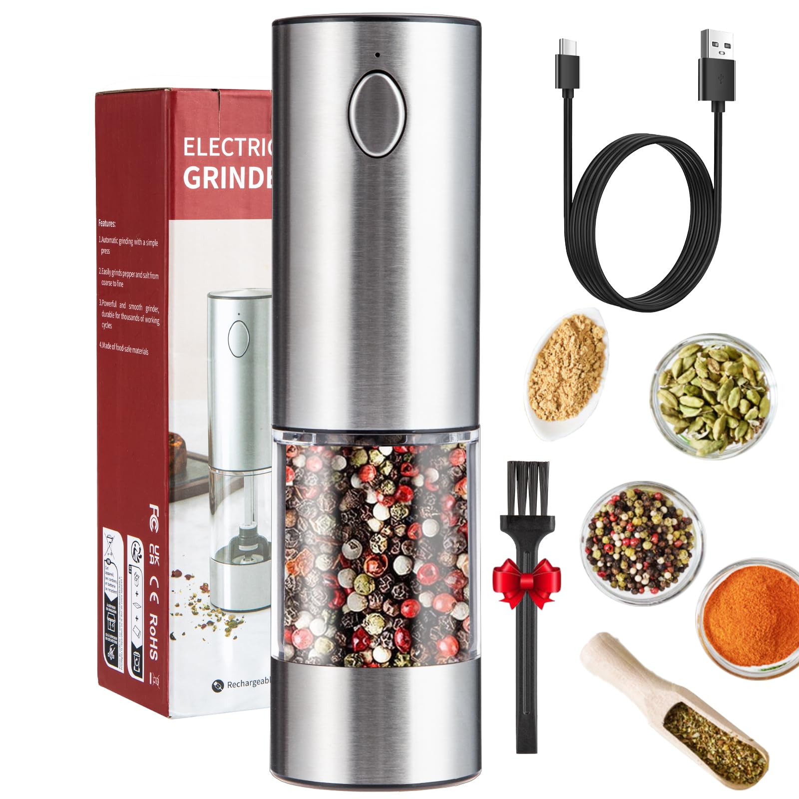 Rechargeable Electric Salt and Pepper Grinder Set - Stainless Steel Automatic Mill with LED Light & 95ml Washable Container - Refillable Kitchen Spice Shaker for Cooking, Baking & Table Seasoning (Silver)
