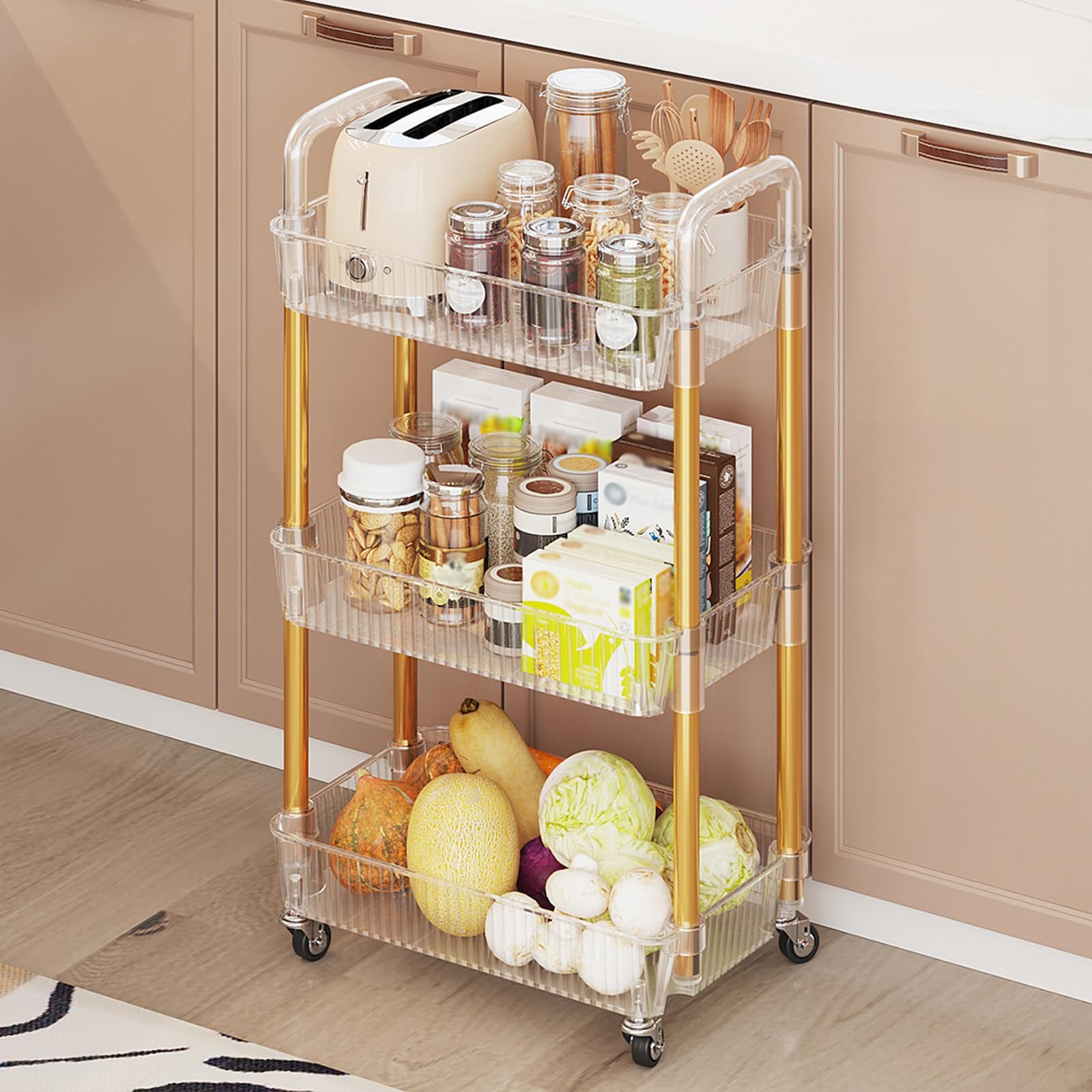 3-Tier Rolling Cart with Wheels - Sturdy Metal & PET Makeup Organizer, Snack Caddy for Kitchen, Bathroom, Office & Living Room - Golden Mobile Storage Cart for Beauty Products, Books & Home Essentials