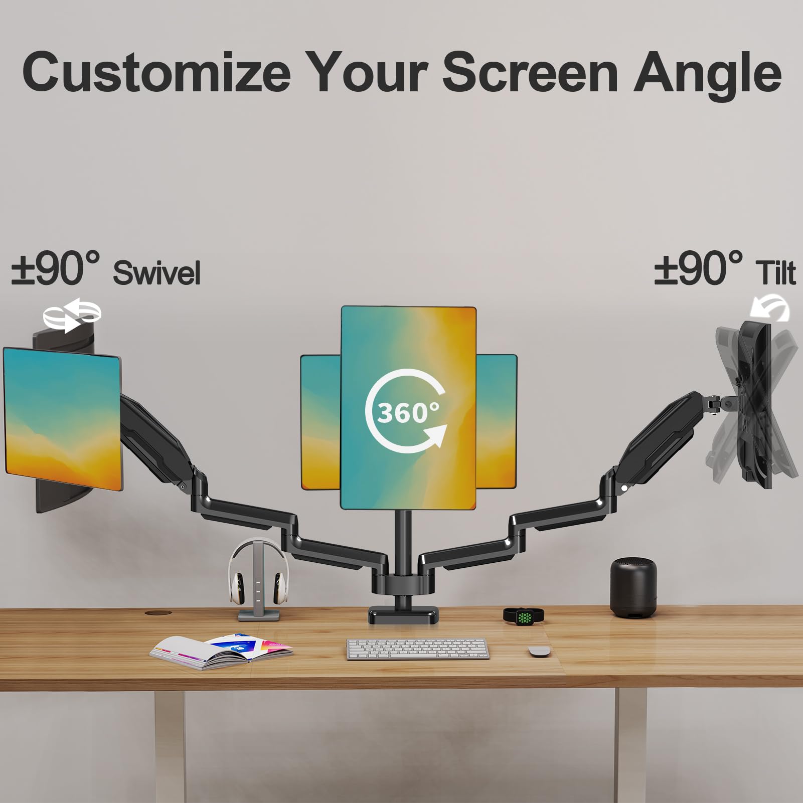MOUNT PRO Triple Monitor Stand for 3 Screens up to 32 Inch - Heavy Duty Gas Spring Monitor Arm with Full Motion Adjustability (17.6lbs Capacity Each, VESA Compatible, Black) - Perfect for Home Office, Gaming Setup & Multi-Tasking Workspaces