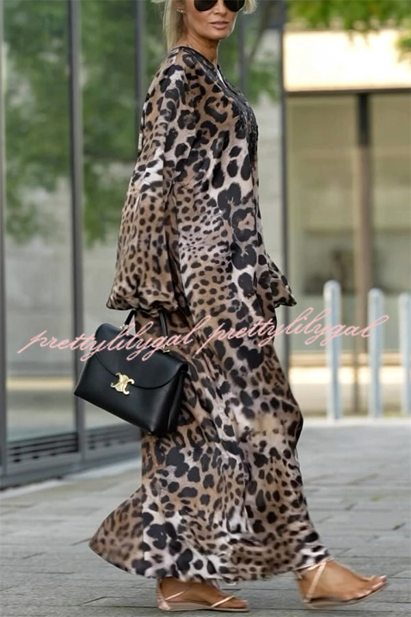 Rayna Lace Mixed Leopard Print Balloon Sleeve A-Line Maxi Dress for Women | Elegant Party & Evening Gown | Perfect for Weddings, Prom & Special Occasions
