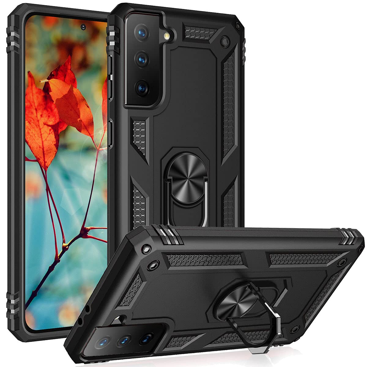 Military Grade Protective Case for Samsung Galaxy S21 FE with Ring Kickstand & Car Mount - Shockproof Cover for Everyday Use, Travel & Outdoor Activities - Black