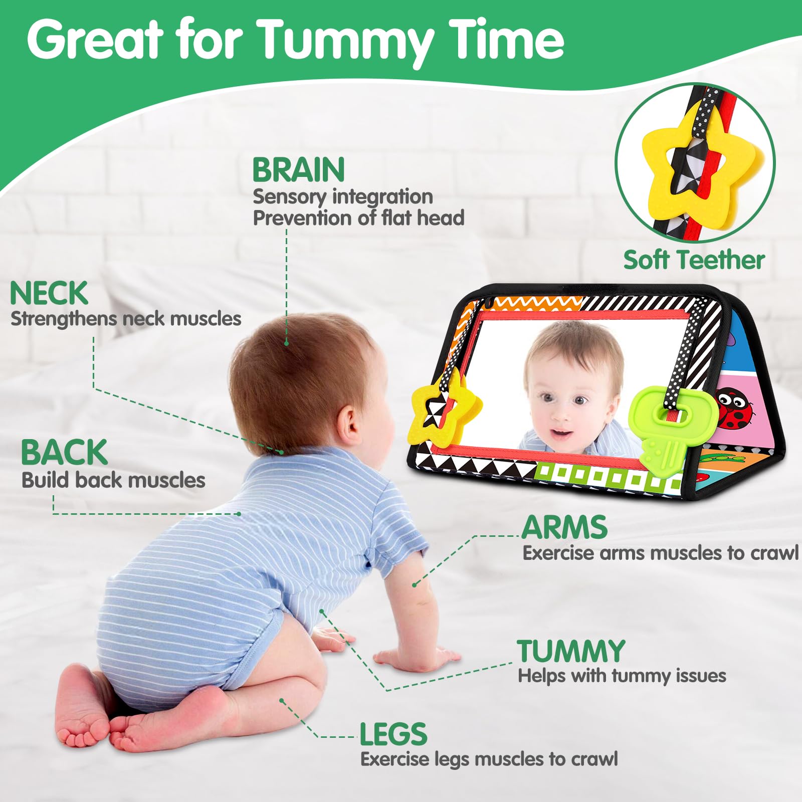 Black & White Baby Mirror Toy - 0-6 Months Brain Development for Tummy Time & Sensory Play