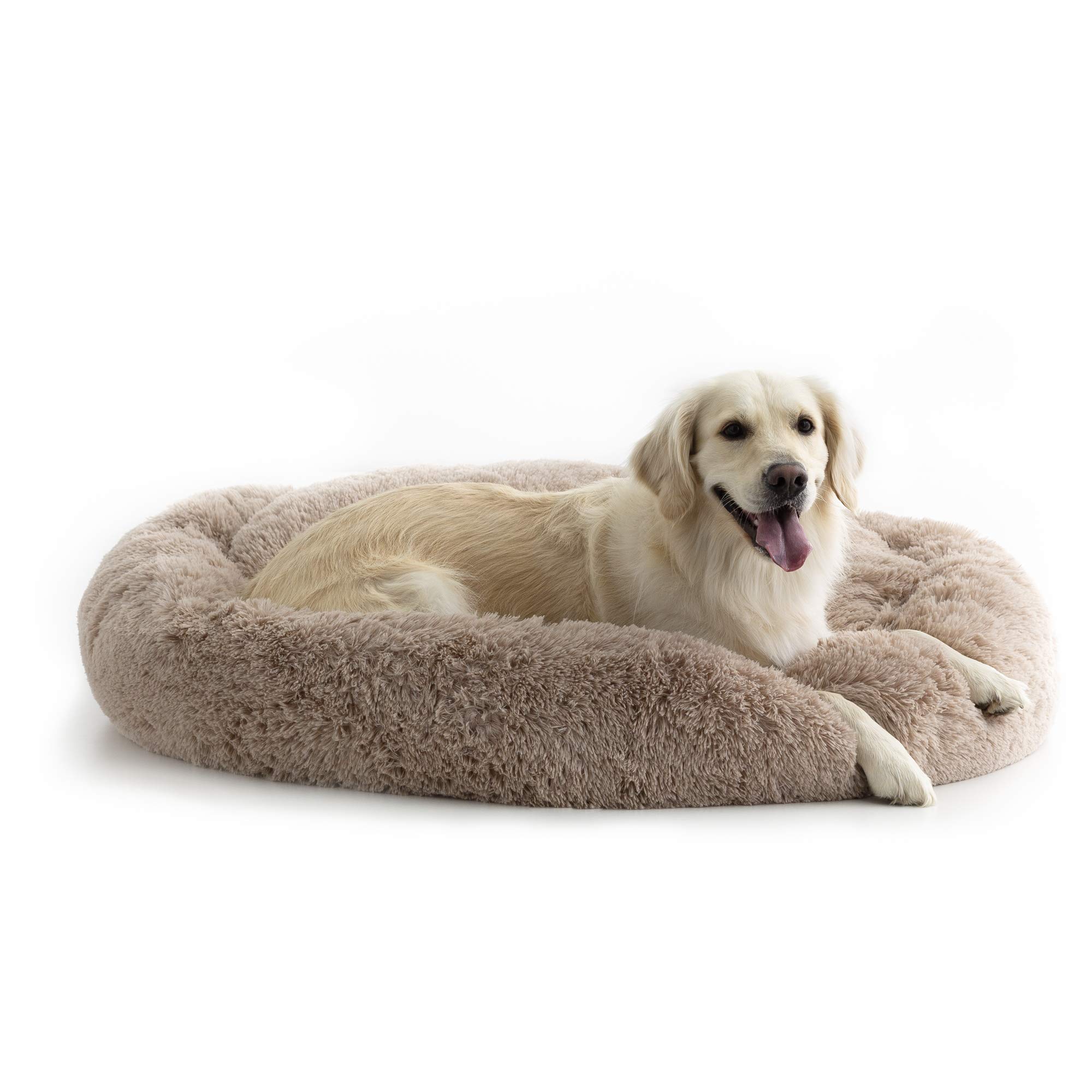 Brindle Donut Cuddler Pet Bed - Plush Orthopedic Dog & Cat Bed with Shag Faux Fur - Calming Round Bed for Anxiety Relief - Ergonomic Design with Head & Neck Support - Large Taupe Pet Sofa - Perfect for Living Room, Bedroom & Pet Travel
