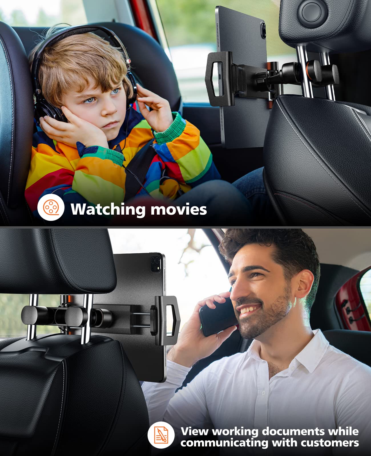 KEUASX Car Tablet Holder - Adjustable 360° Rotating Headrest Mount for iPad Pro/Air/Mini (4.7-12.9 Inch) - Portable Travel Stand for Kids & Adults - Perfect for Road Trips, Backseat Entertainment & Long Flights - Black