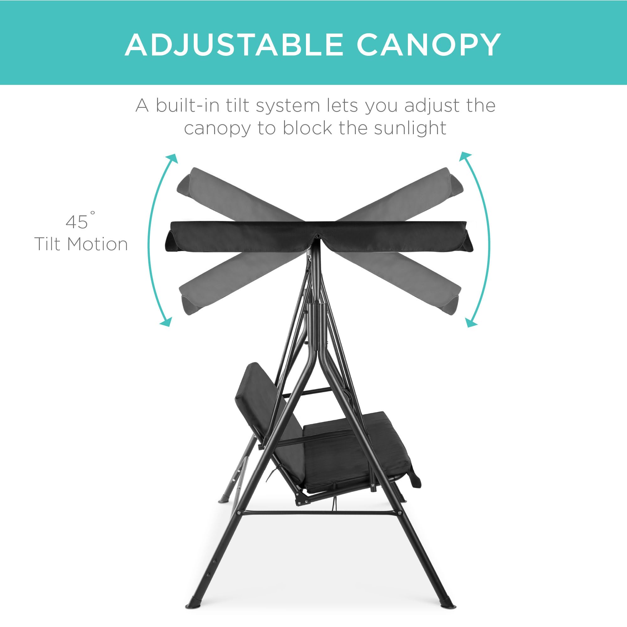 Best Choice Products 2-Person Outdoor Patio Swing Chair with Convertible Canopy - Adjustable Shade Hanging Glider Porch Bench for Garden, Backyard, Poolside - Removable Cushions, Black - Perfect for Relaxing, Reading & Enjoying Outdoor Breezes