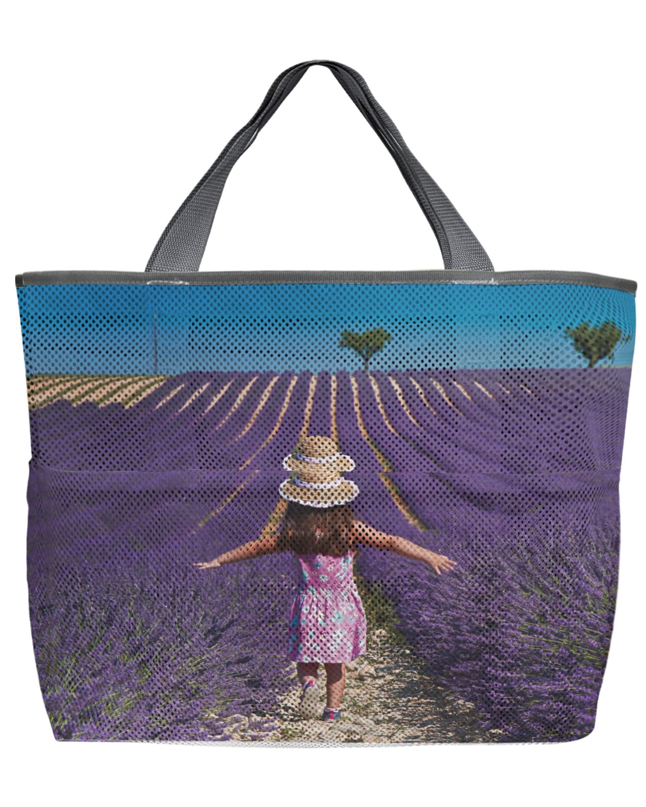 60L Oversized Mesh Beach Tote Bag - Quick Dry Swim Bag with Pockets | Lavender Field Purple Flower Design | Foldable Lightweight for Beach, Pool, Grocery Shopping | Perfect for Little Girls & Women | 24