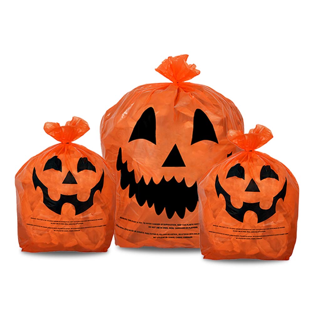 KINREX Halloween Pumpkin Leaf Bags - 3 Pack Orange Plastic Lawn Bags with Twist Ties for Fall Yard Decor | Jack O' Lantern Outdoor Trash Bags | Perfect for Autumn Leaf Cleanup & Spooky Halloween Decorations