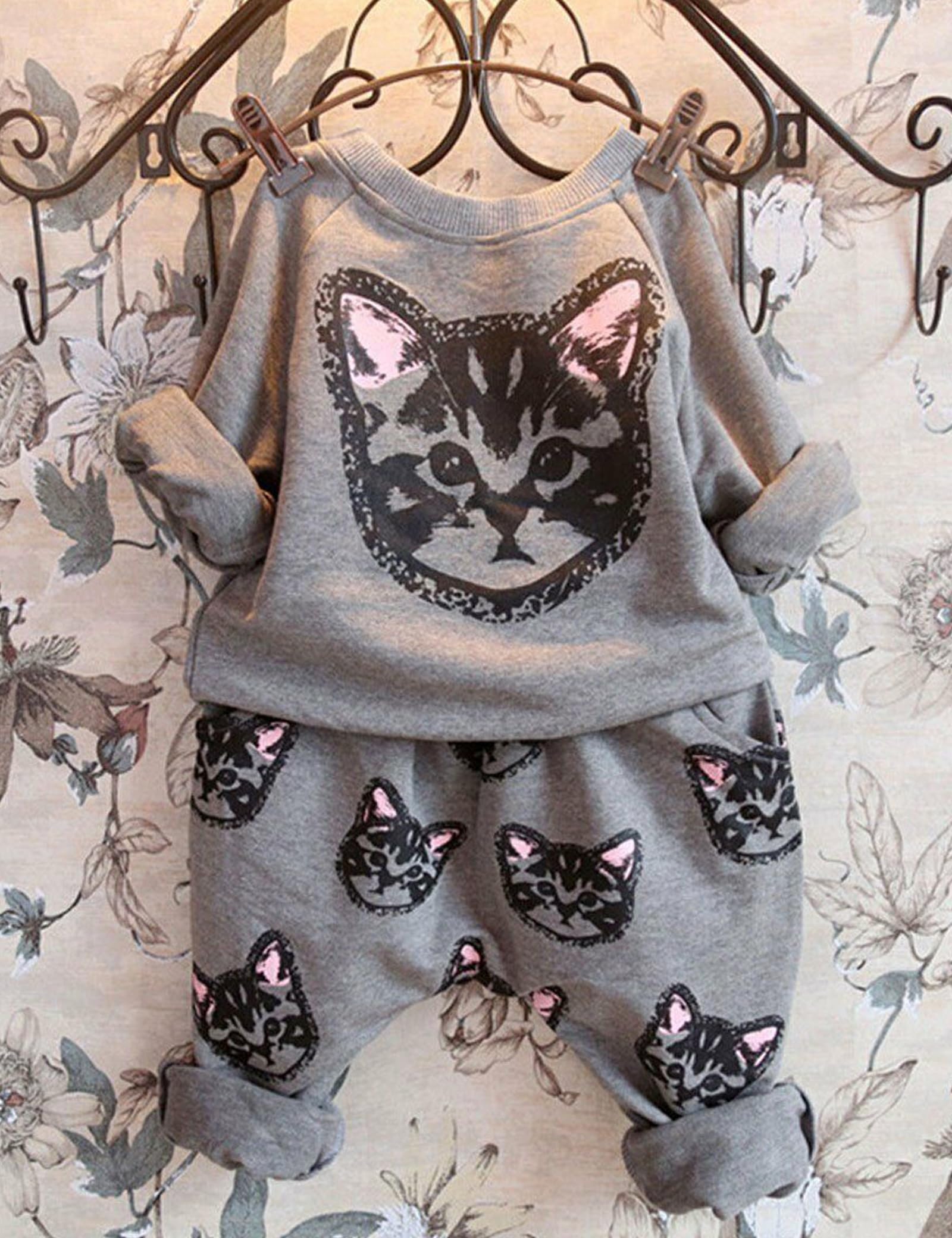 Puseky Cute Cat Sweatshirt & Pants Tracksuit Set for Toddler Girls - Soft Cotton Kids Outfit for Playdates, School & Casual Wear
