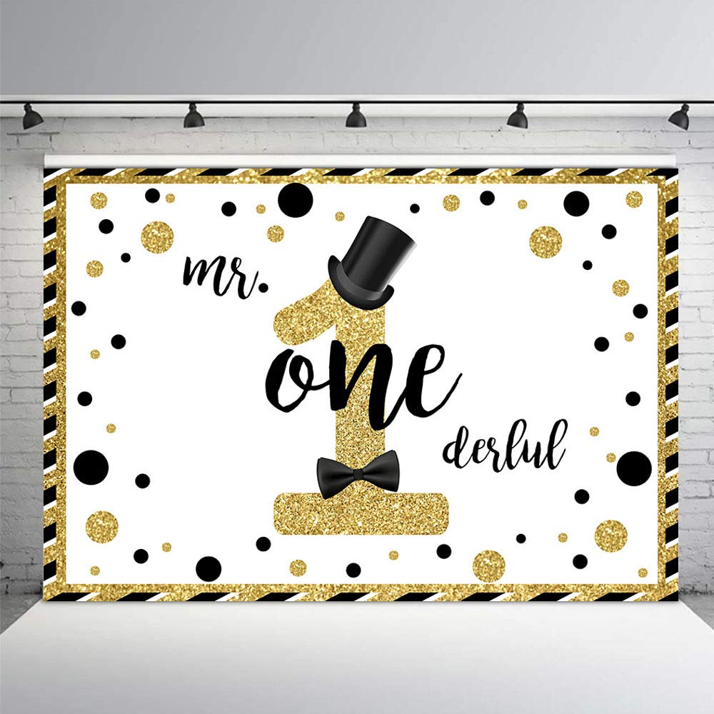 MEHOFOND Mr Onederful Black & Gold Glitter Photo Booth Backdrop - 7x5ft Birthday Party Decoration for 1st Birthday, Cake Table, Photography Background | Perfect for Baby Boy's First Birthday Party, Photo Shoots, and Special Event Decorations