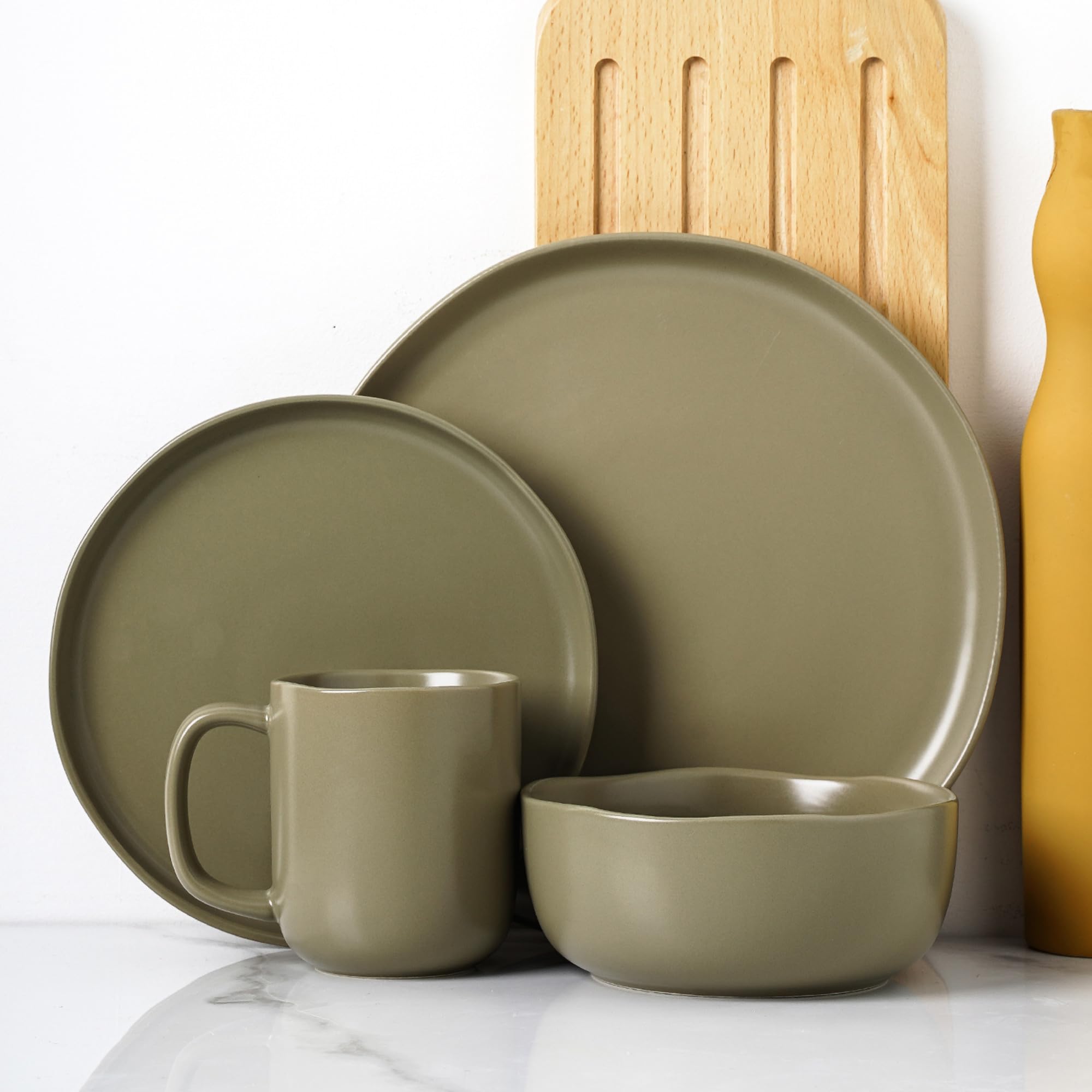 Stone Lain Tom Stoneware 32-Piece Reactive Glaze Dinnerware Set - Plates & Bowls for 8, Microwave & Dishwasher Safe, Elegant Olive Design - Perfect for Family Dinners, Restaurants & Dinner Parties