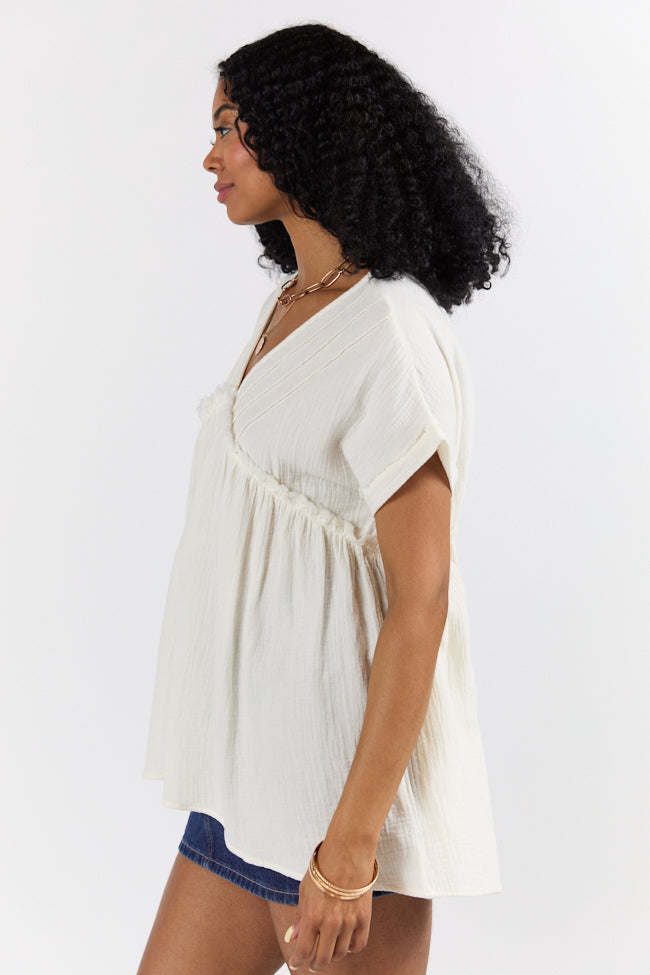 Ivory Gauze Button Detail Short Sleeve Top for Women - Breathable Summer Blouse for Casual Outings & Beach Vacations