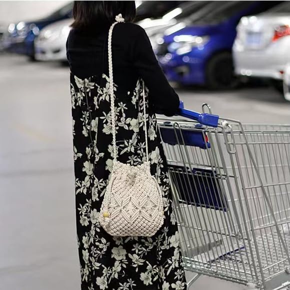 Handmade Crochet Crossbody Bag & Knitted Shoulder Purse for Women - Boho Chic White Cotton Tote - Perfect for Casual Outings, Shopping & Travel Accessories