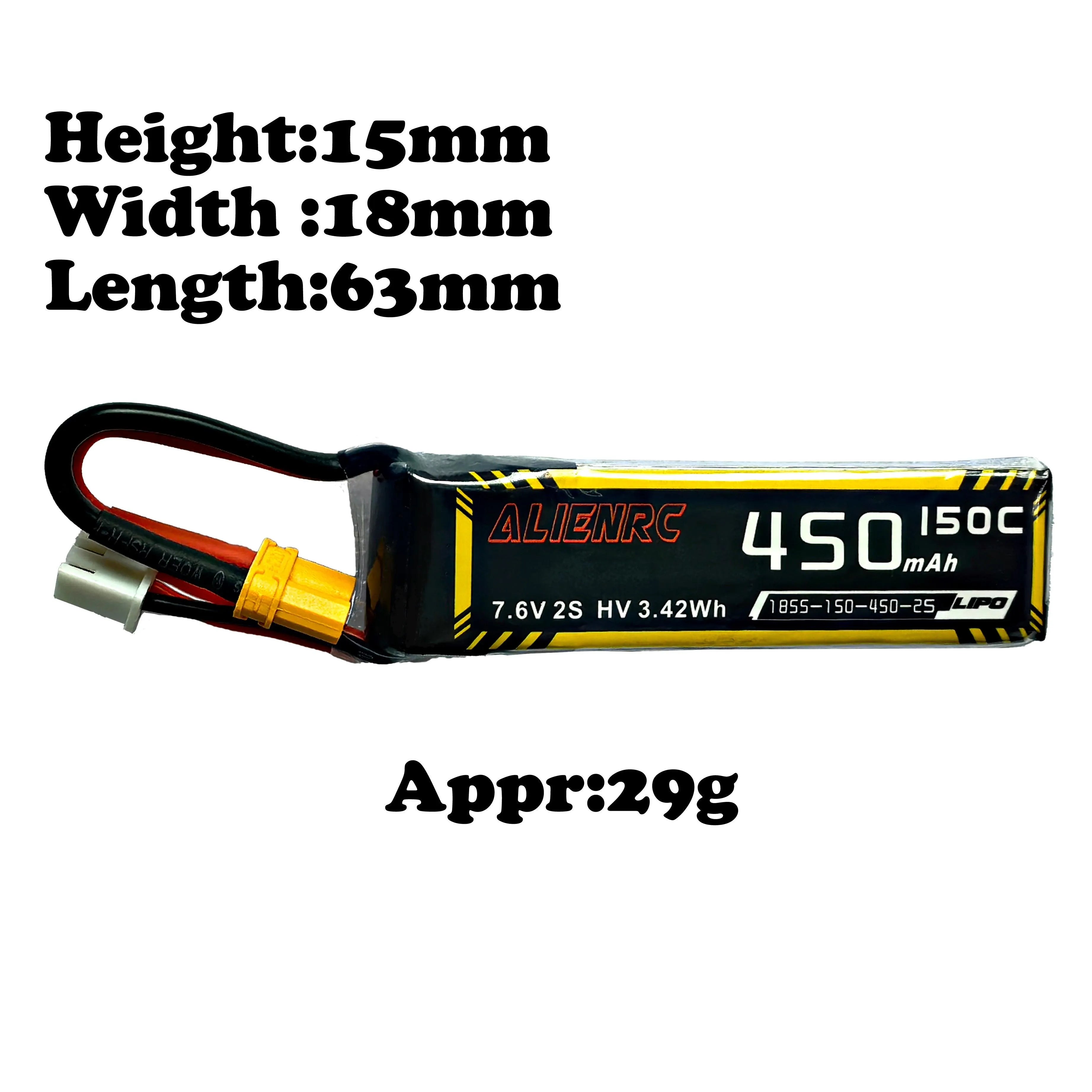 High-Performance Alien 450mAh 2S 7.6V 150C LiPo Battery with XT30 Connector (2-Pack) - Perfect for RC Drones, FPV Racing, and Mini Quadcopters