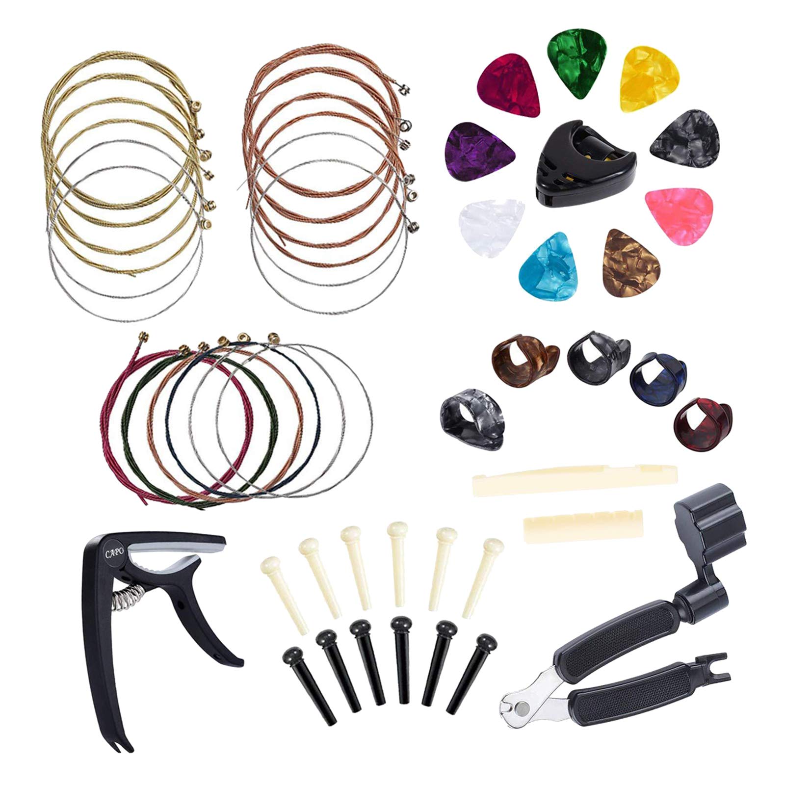49-Piece Acoustic Guitar Accessories Kit with Strings, String Cutter, Bone Bridge & Thumb Protector - Perfect for Guitar Maintenance, String Changing & Playing Comfort