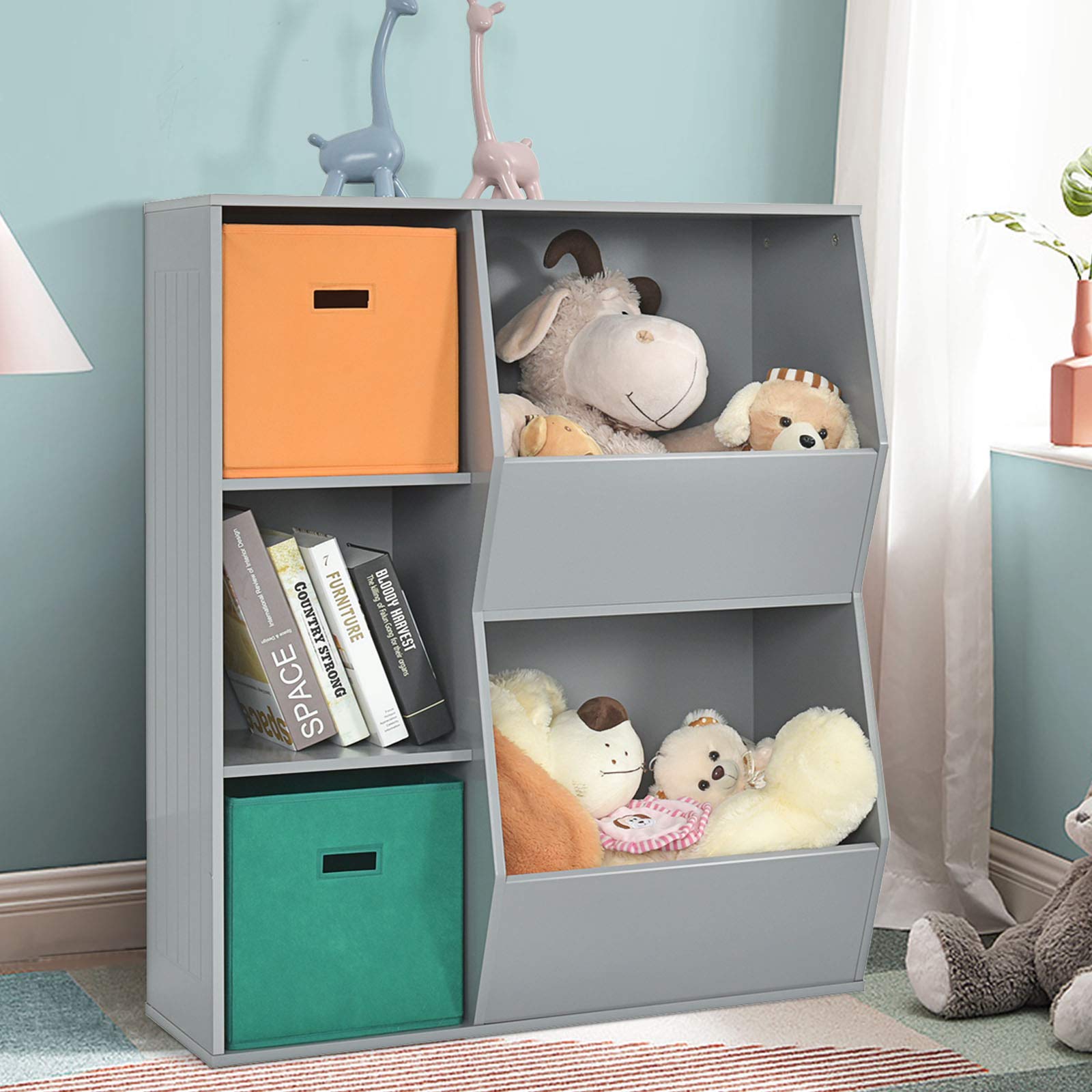 Costzon 5-Cubby Wooden Toy Storage Organizer with Bookcase & Bins - Kids Bookshelf & Toy Storage Cabinet for Toddlers - Playroom, Nursery, Daycare & Living Room Organization (Gray)