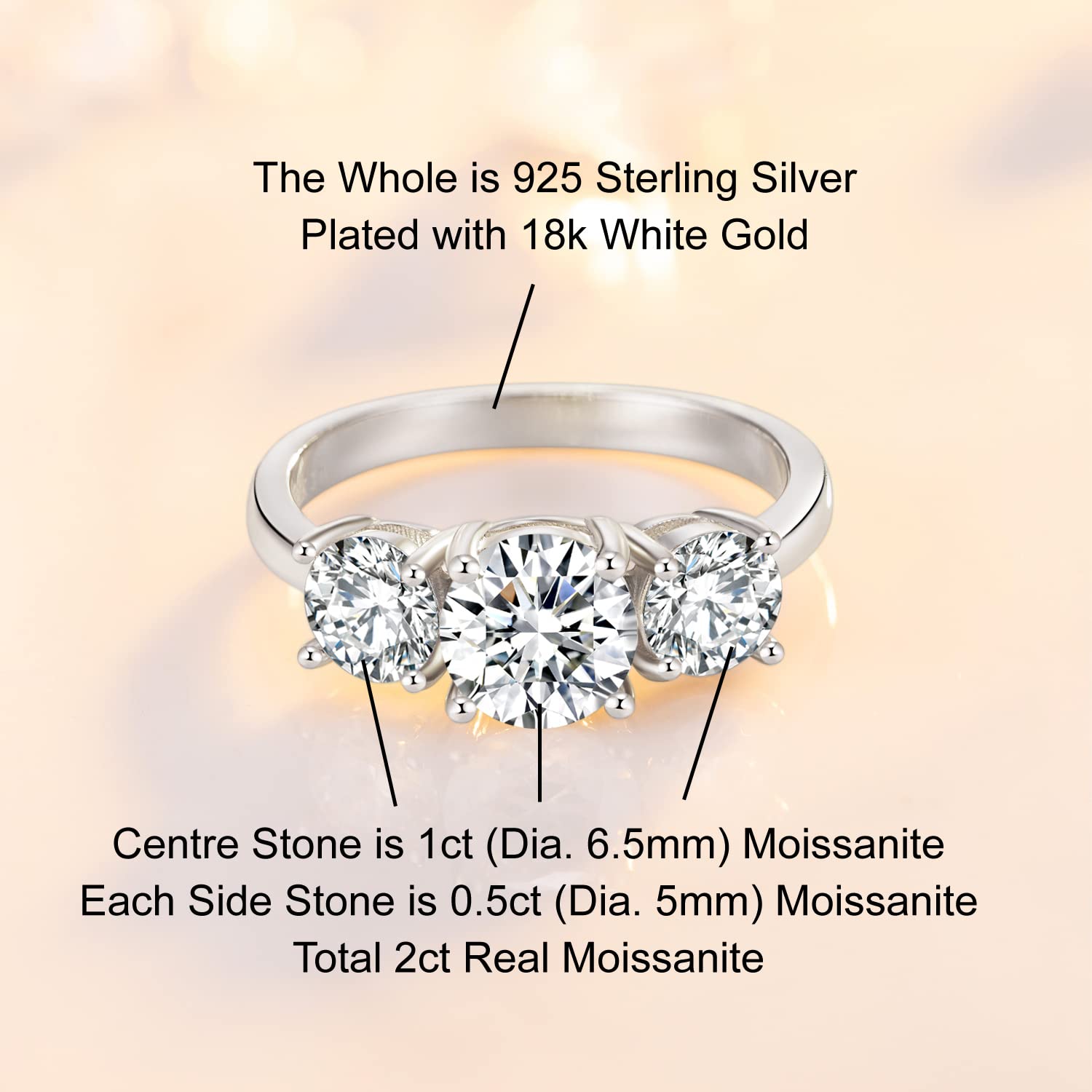 1CT C6P Moissanite Stud Earrings & 2CT Moissanite Big3 Ring Set - Sparkling Wedding, Anniversary, Engagement Jewelry Gift for Women