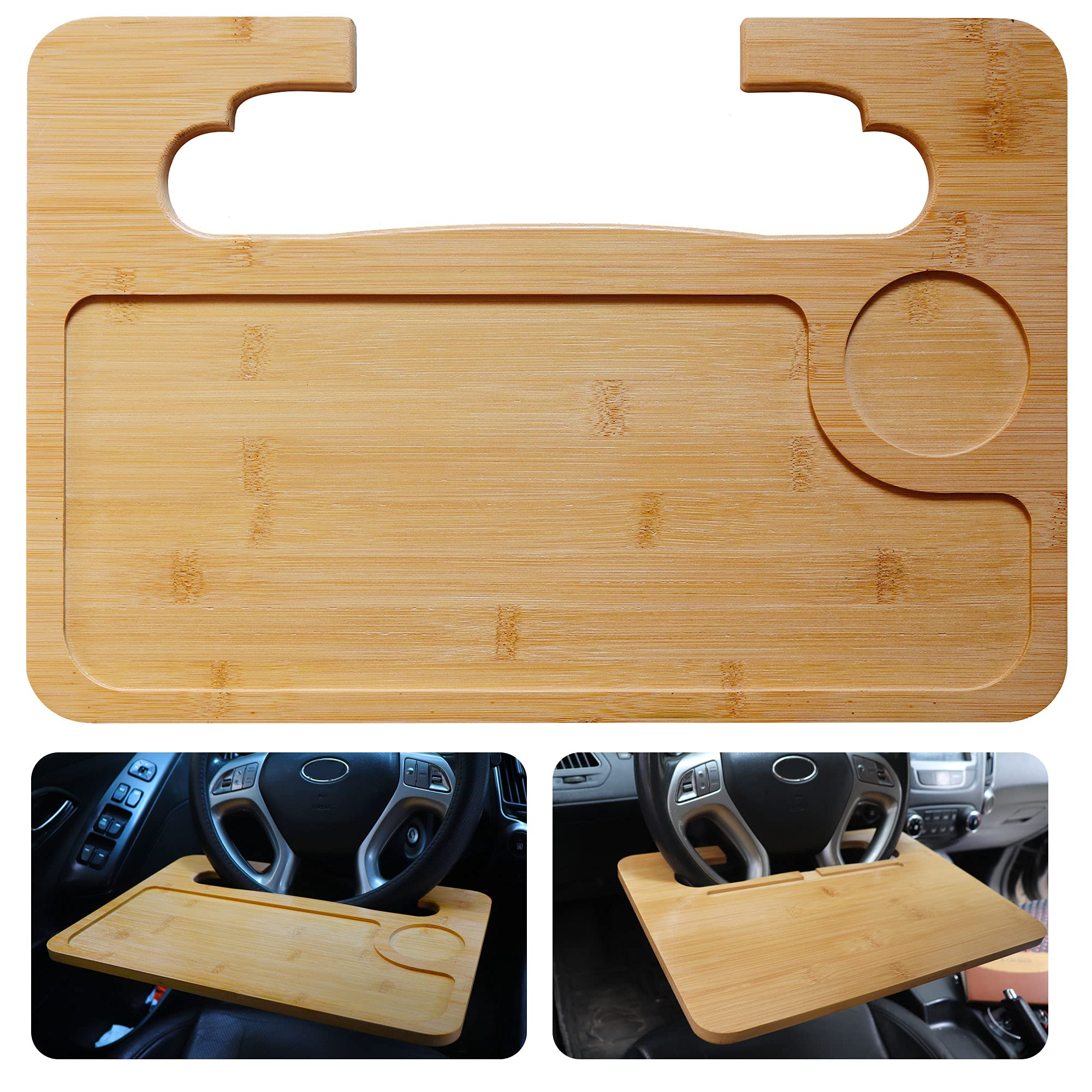 NEWZINIU Bamboo Double-Sided Steering Wheel Tray - Car Dining Table, Laptop Desk for iPad & Notebook | Portable Workstation for Commuting, Road Trips & Office Use