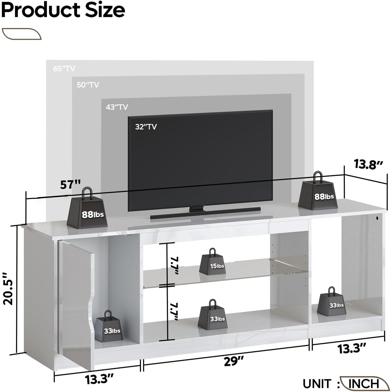 Bestier 57 Inch Gloss White TV Stand for 65 Inch TVs - Modern Entertainment Center with Glass Shelves, Adjustable Height, Compatible with PS5, Xbox & Gaming Consoles - Perfect for Living Room, Bedroom & Home Theater Setup