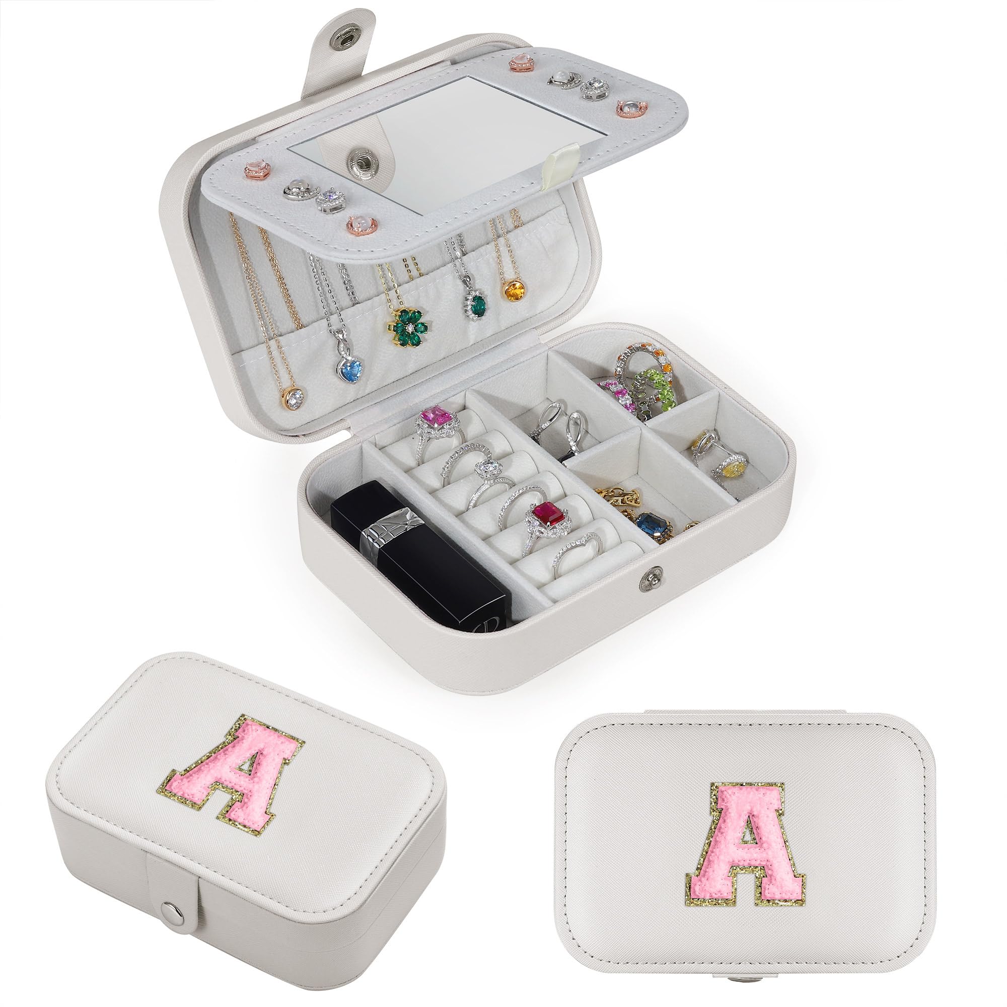 Personalized A Initial Travel Jewelry Organizer for Women & Girls - Medium Size White Jewelry Case for Necklaces, Rings & Earrings | Perfect for Vacation, Business Trips & Honeymoon Packing