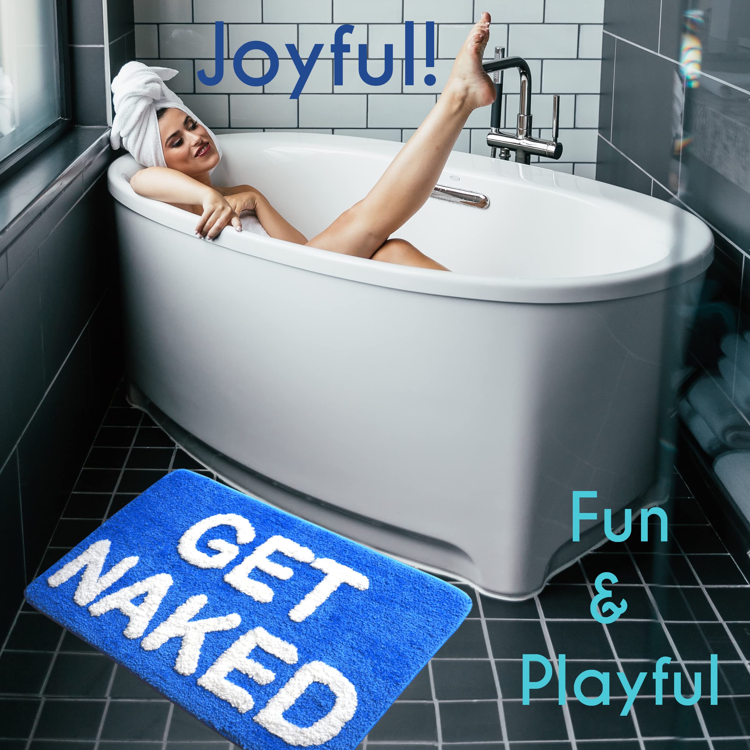 Evovee Funny Get Naked Bath Mat - Non-Slip Washable Cute Bathroom Rug for Shower & College Dorm Decor - Blue & White Striped Design - Perfect for Bathroom, Spa & Gift Giving